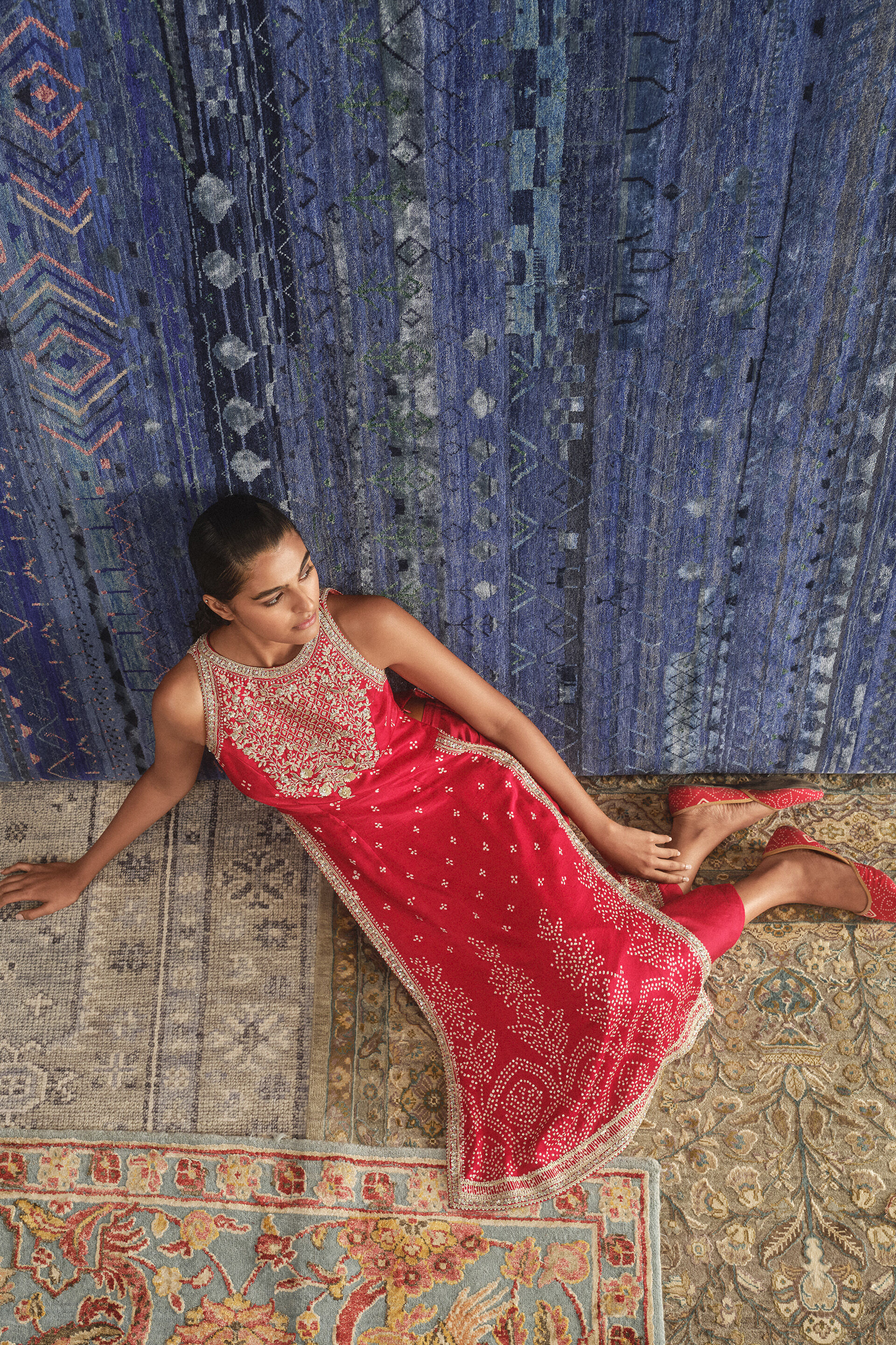 Lohini Handcrafted Bandhani Silk Suit Set - Red, Red, image 3