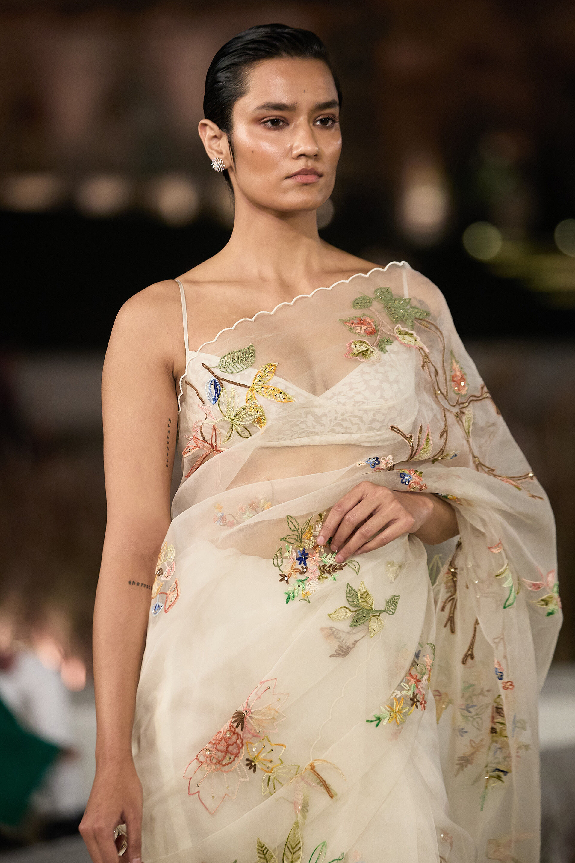 Springbloom Hand-embroidered SEWA Silk Saree - Ivory, Ivory, image 3