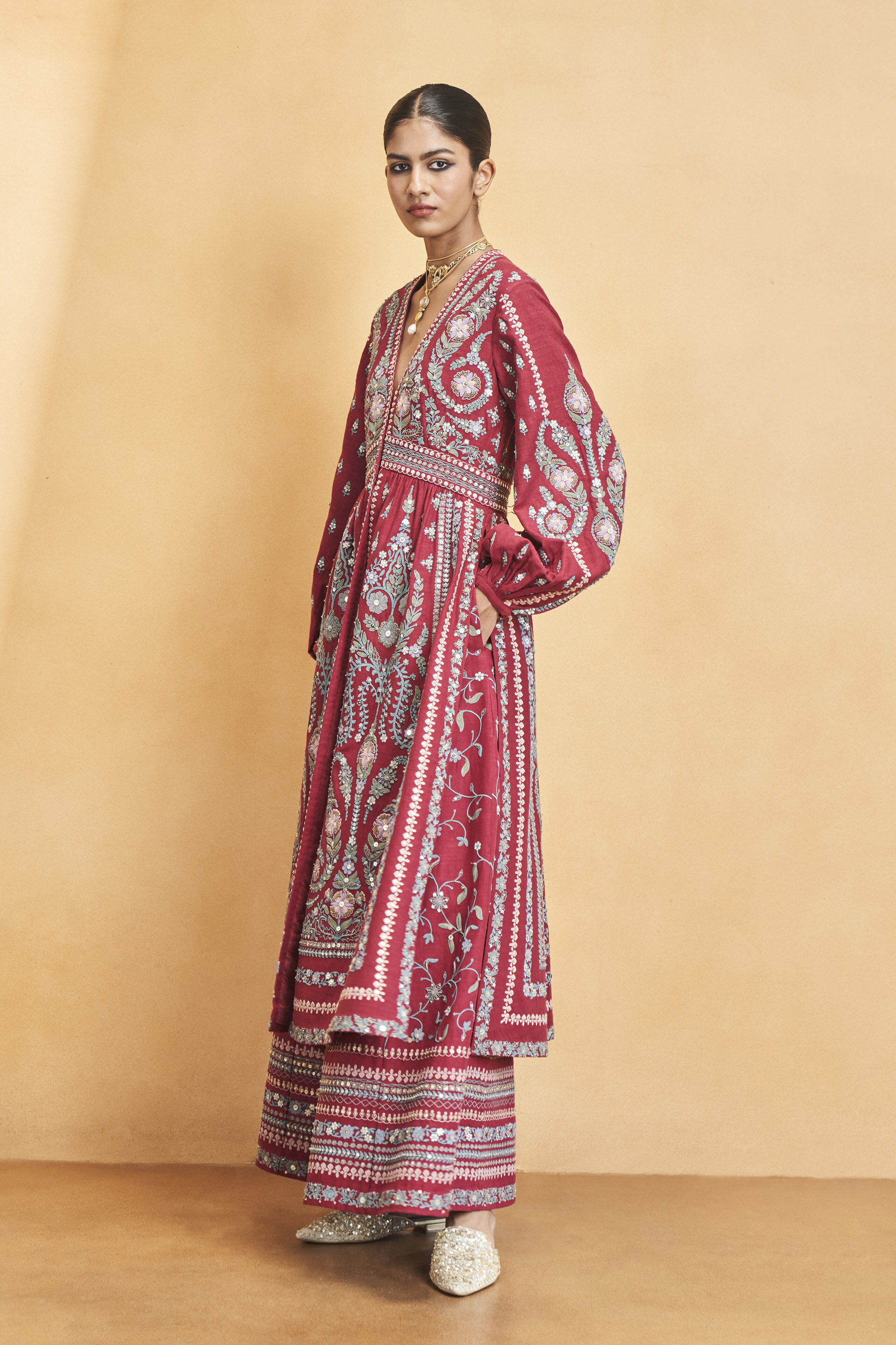 Into The Wilderness Zardozi & Cord Silk Kurta Set - Wine, Wine, image 3