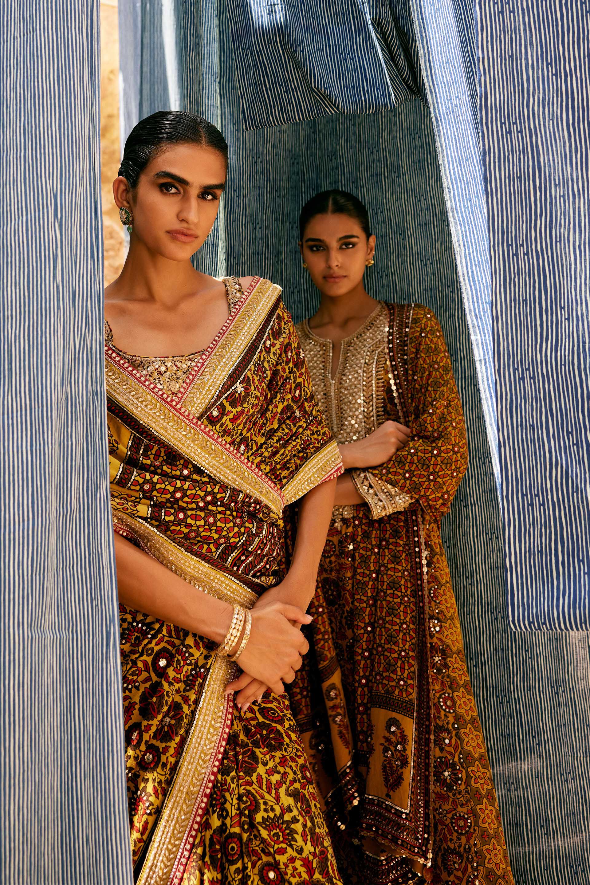 Kasano Ajrakh Hand-block Printed Silk Saree - Mustard, Mustard, image 11