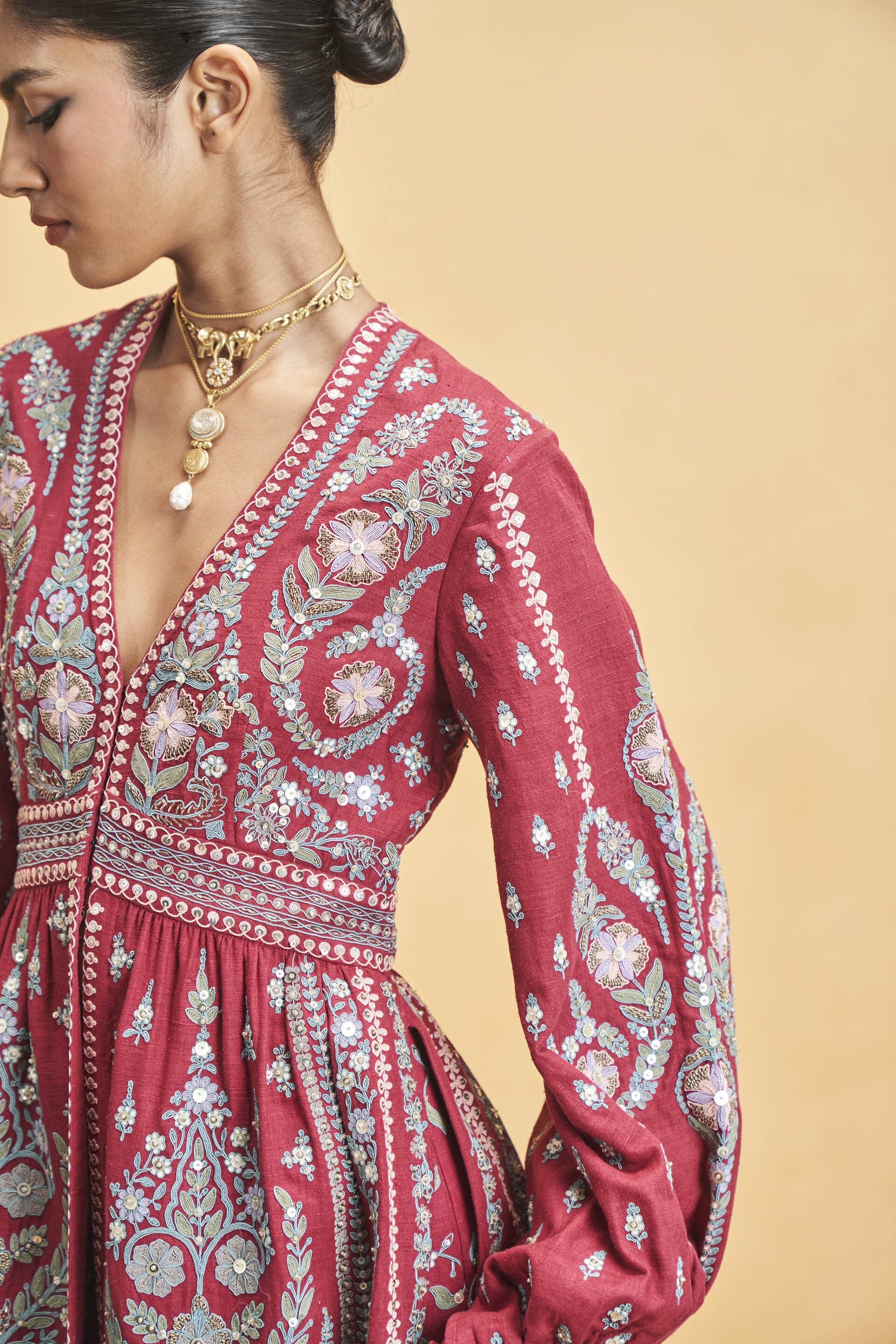 Into The Wilderness Zardozi & Cord Silk Kurta Set - Wine, Wine, image 5