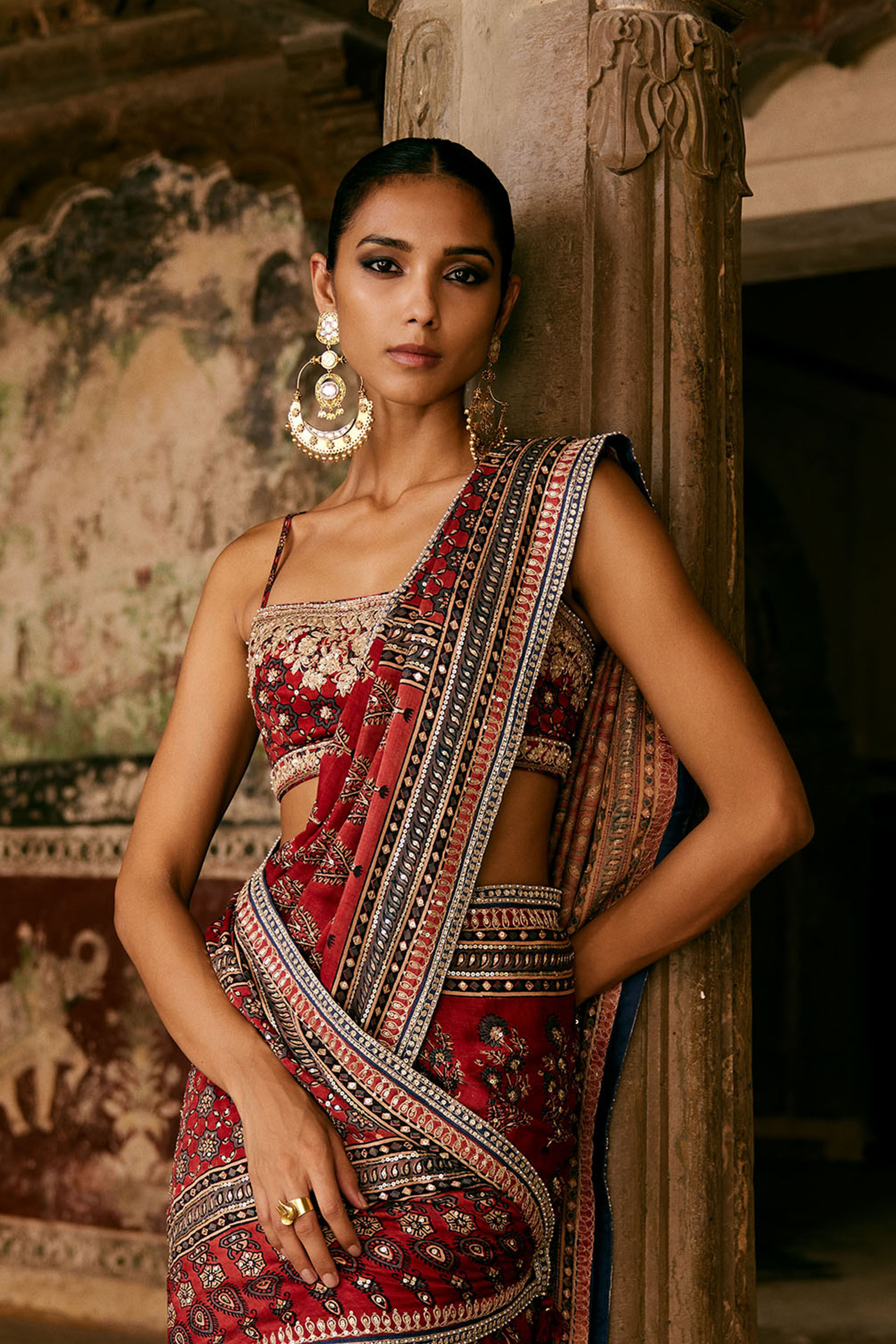 Saaj Ajrakh Hand-block Printed Silk Choli - Red, Red, image 6