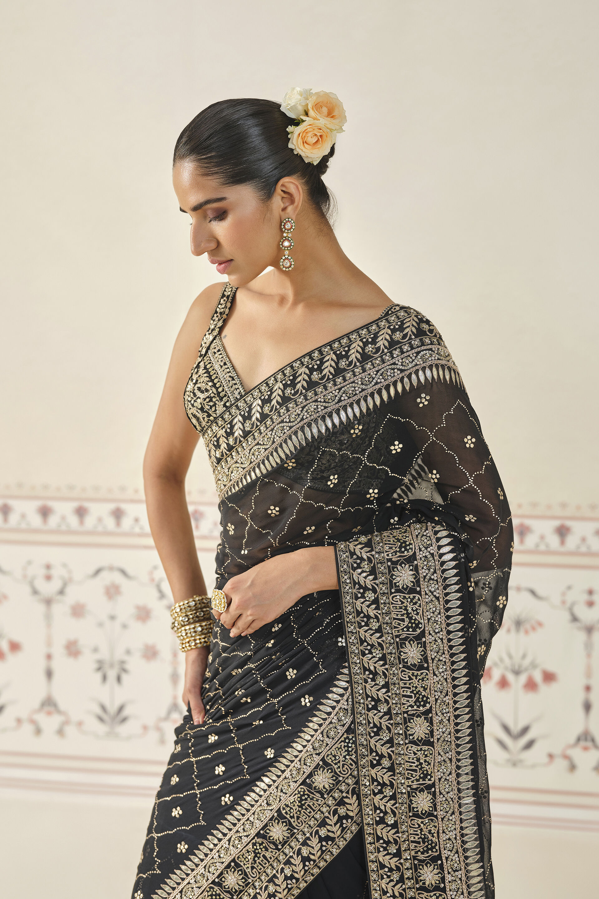 Anushna Handcrafted Badla Georgette Saree - Black, Black, image 4