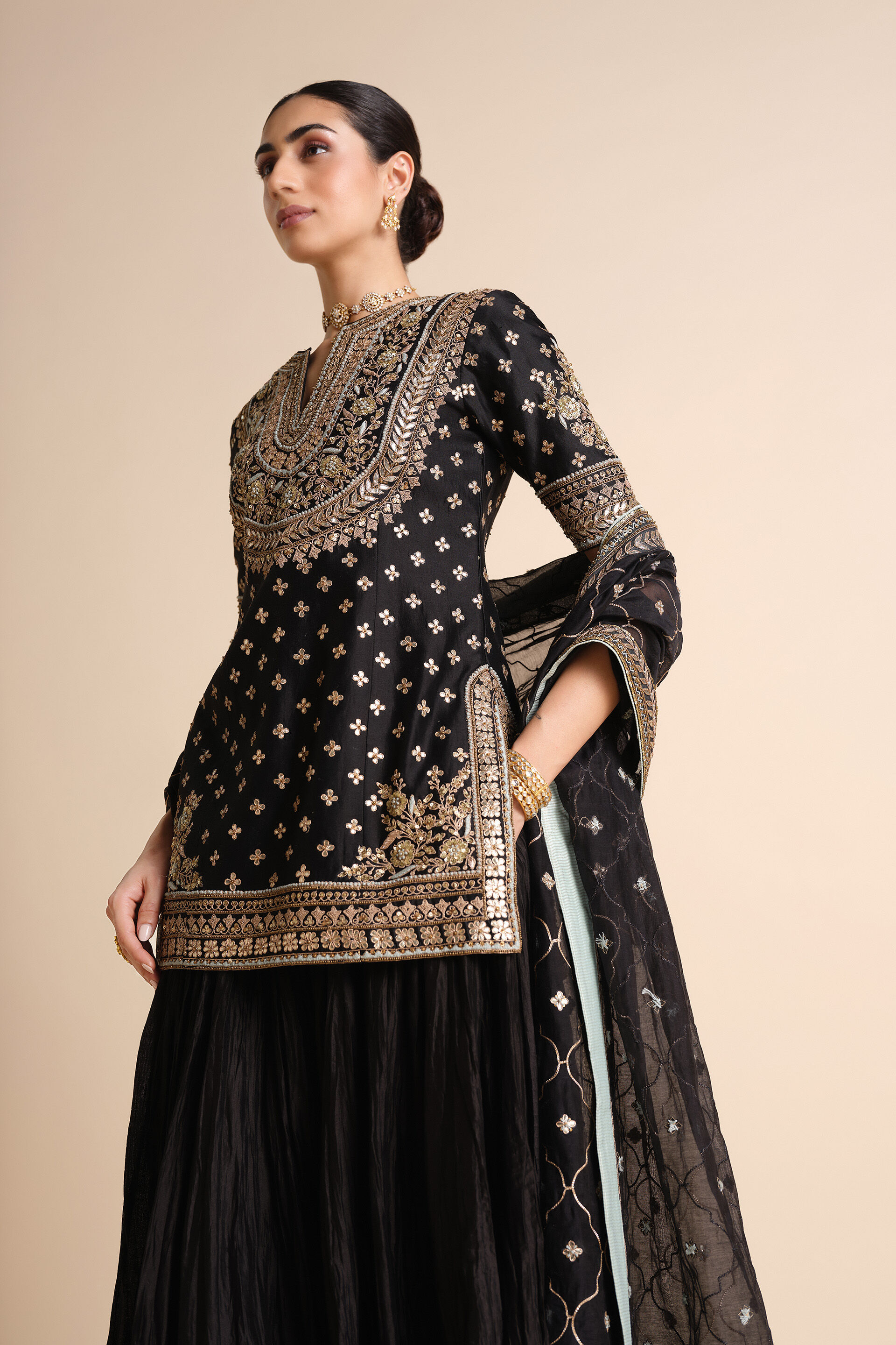 Sahasra Gota Patti Silk Sharara Set - Black, Black, image 5