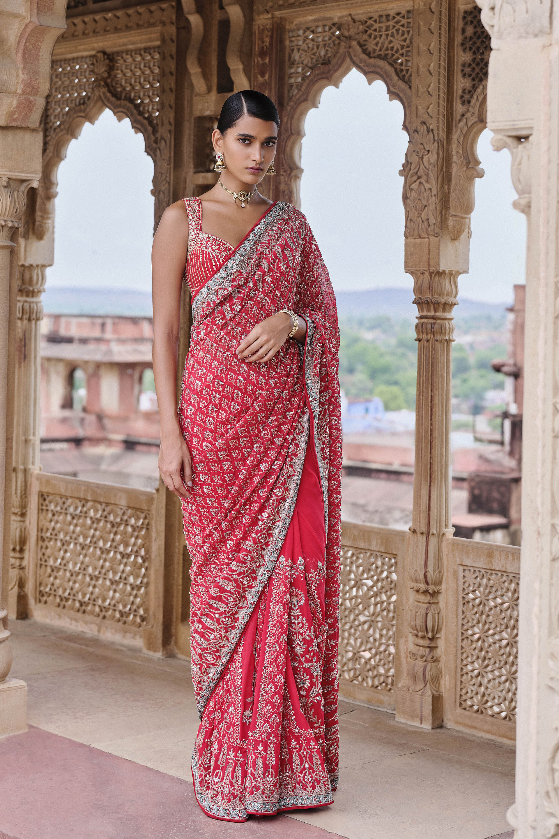 Mangalya Embroidered Georgette Saree Red