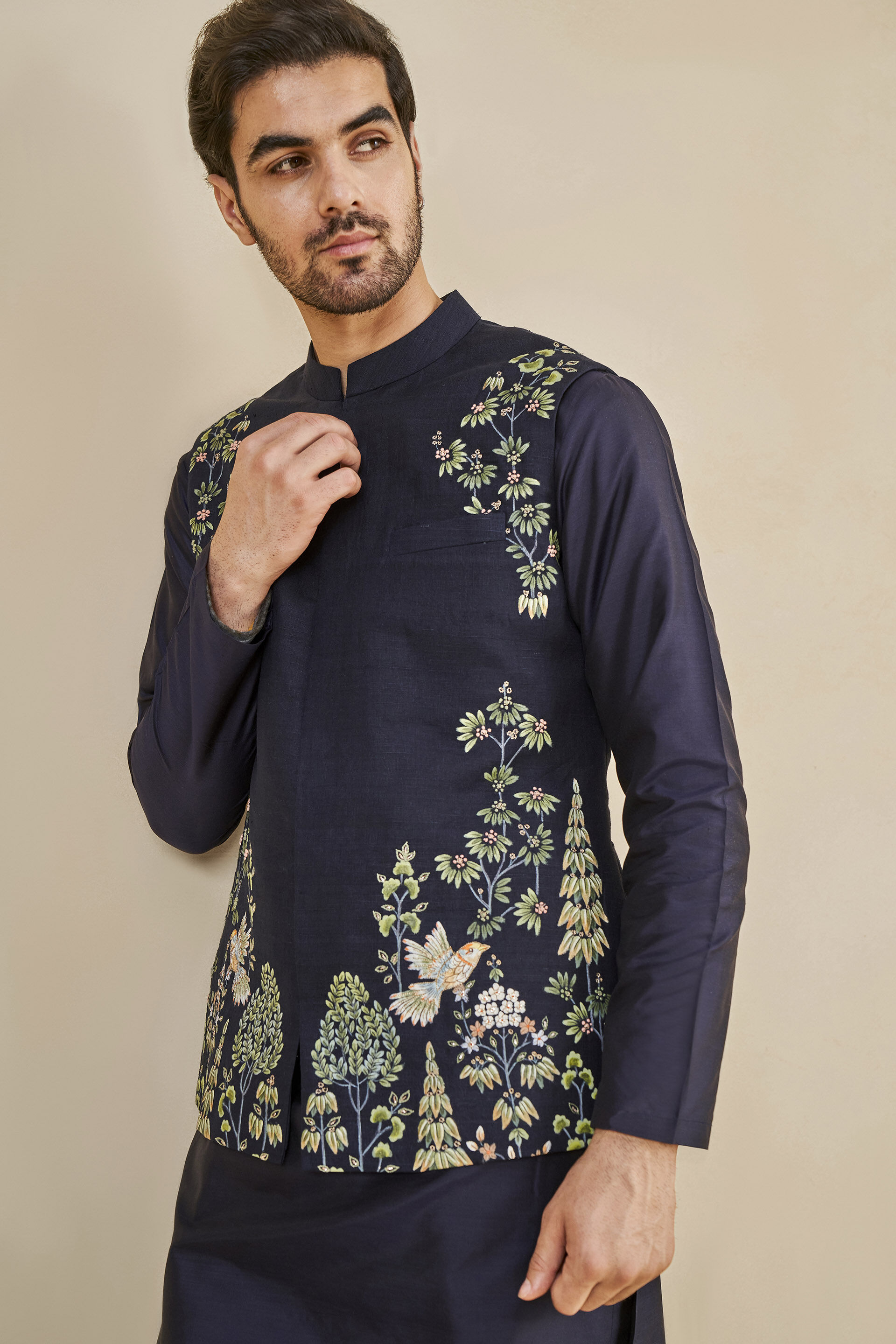 Nikunj Hand-painted Pichhwai Silk Nehru Jacket - Navy, Navy, image 4