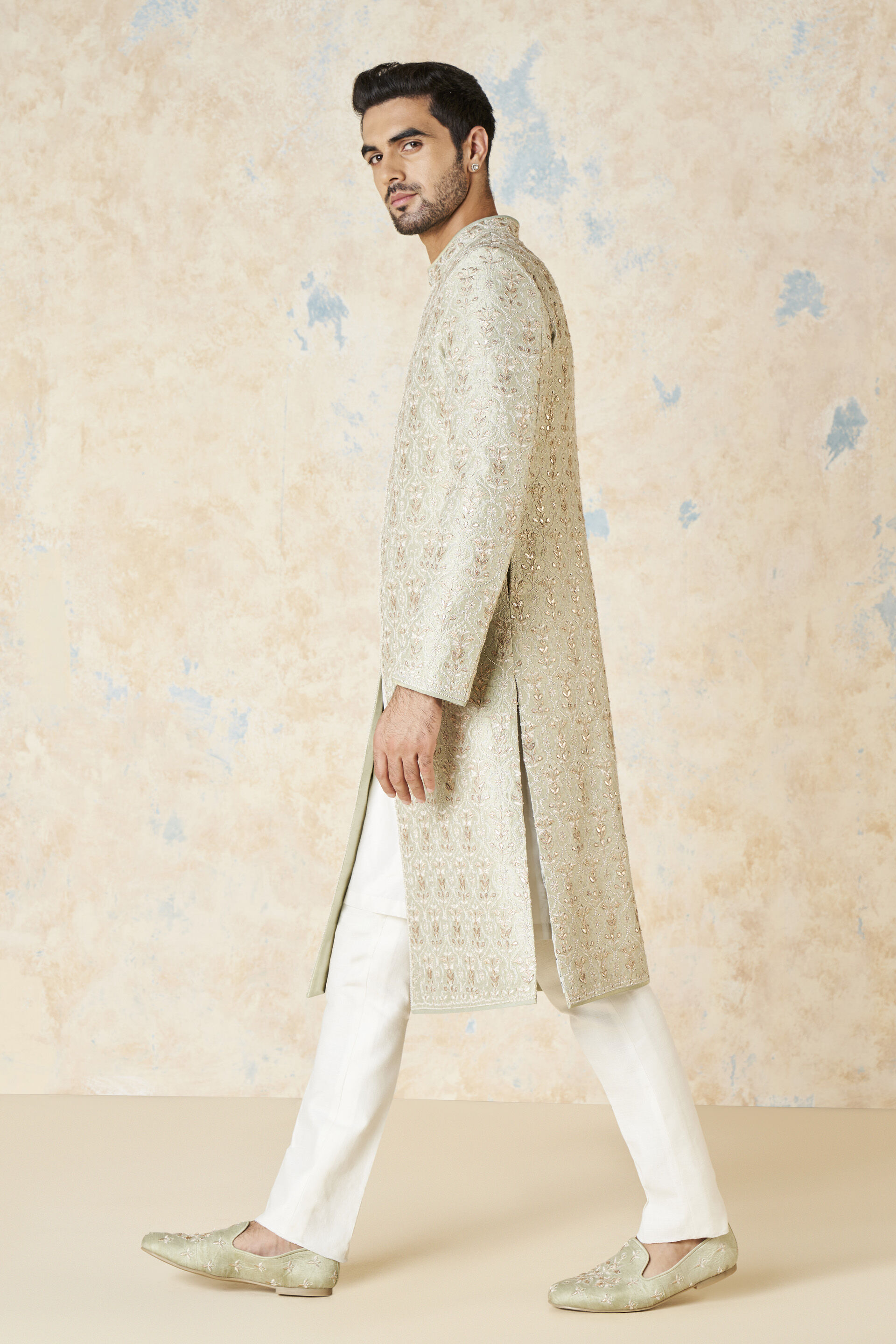 Devarsh Gota Patti & Aari Silk Sherwani - Sage, Sage, image 6