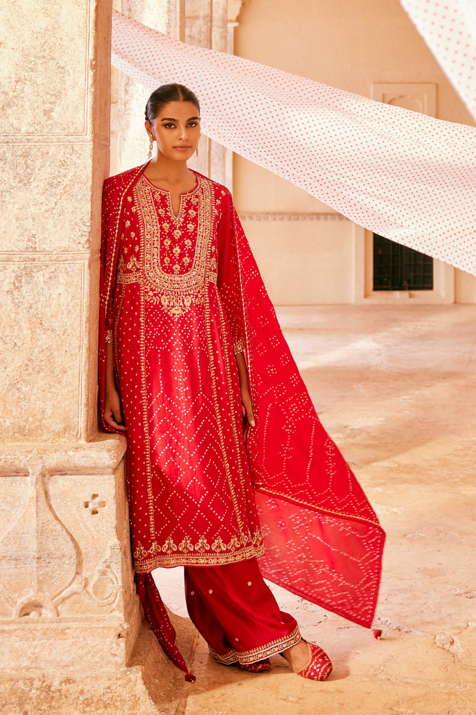 Buy Designer Cinnabar Handcrafted Bandhani Silk Suit Set Red Online