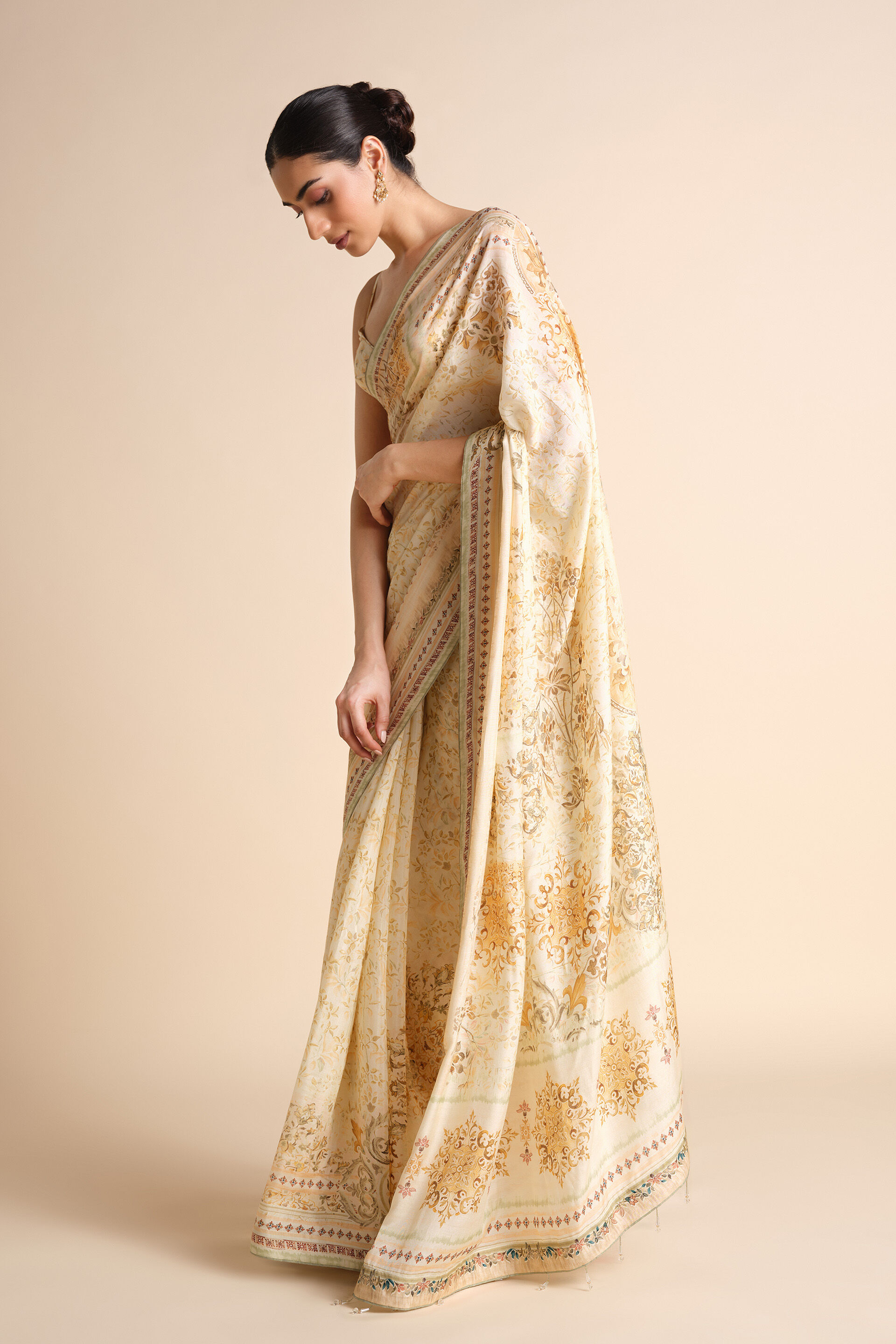 Vanora Printed Saree - Cream, Cream, image 3