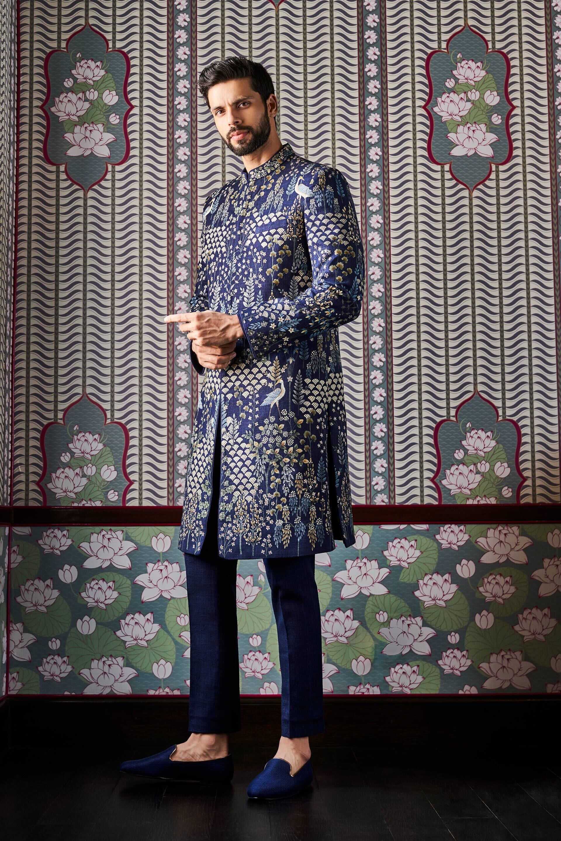 Fardan Hand-painted Pichhwai Silk Sherwani - Navy