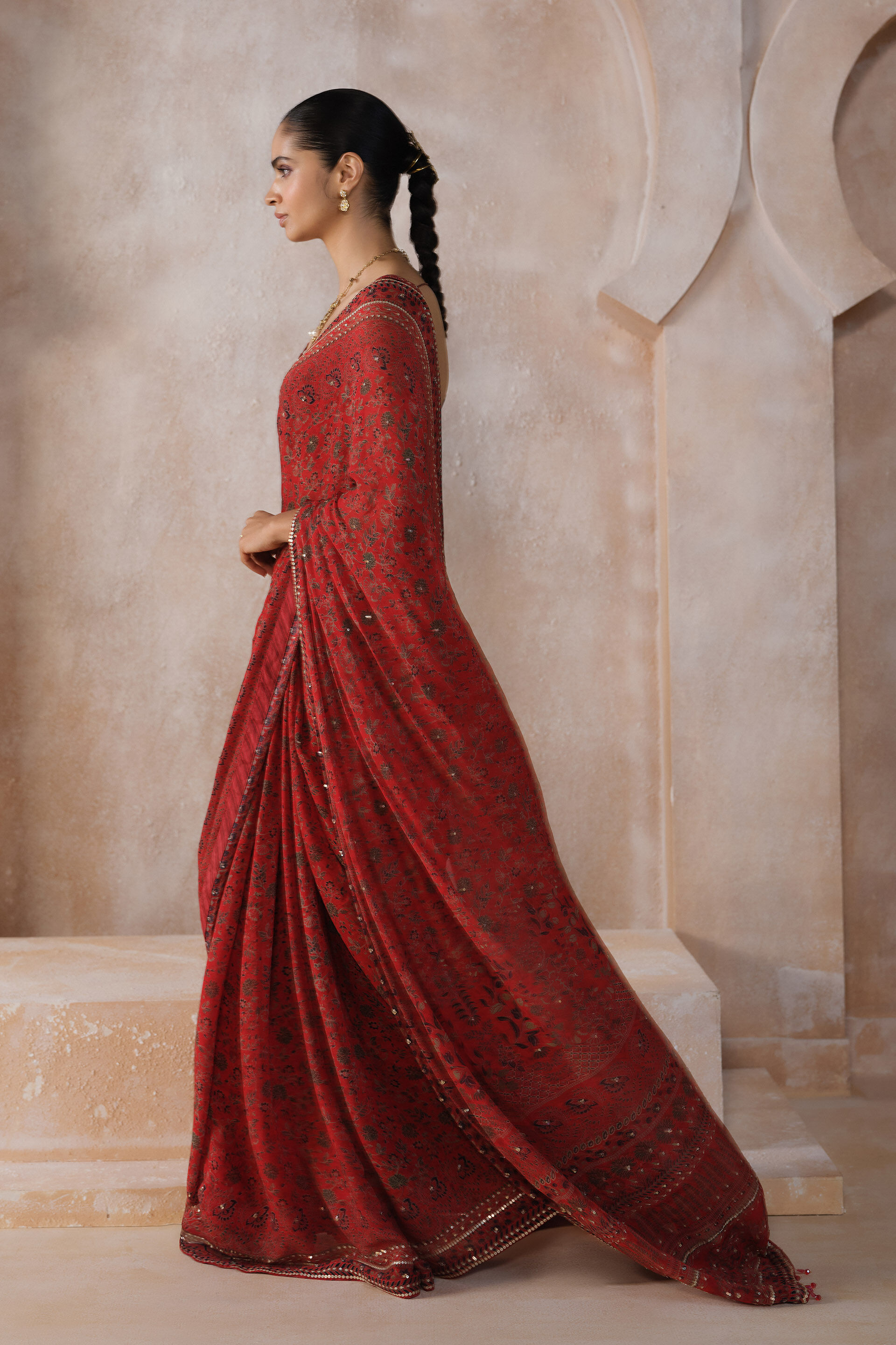Alouette Chiffon Saree - Red, Red, image 3