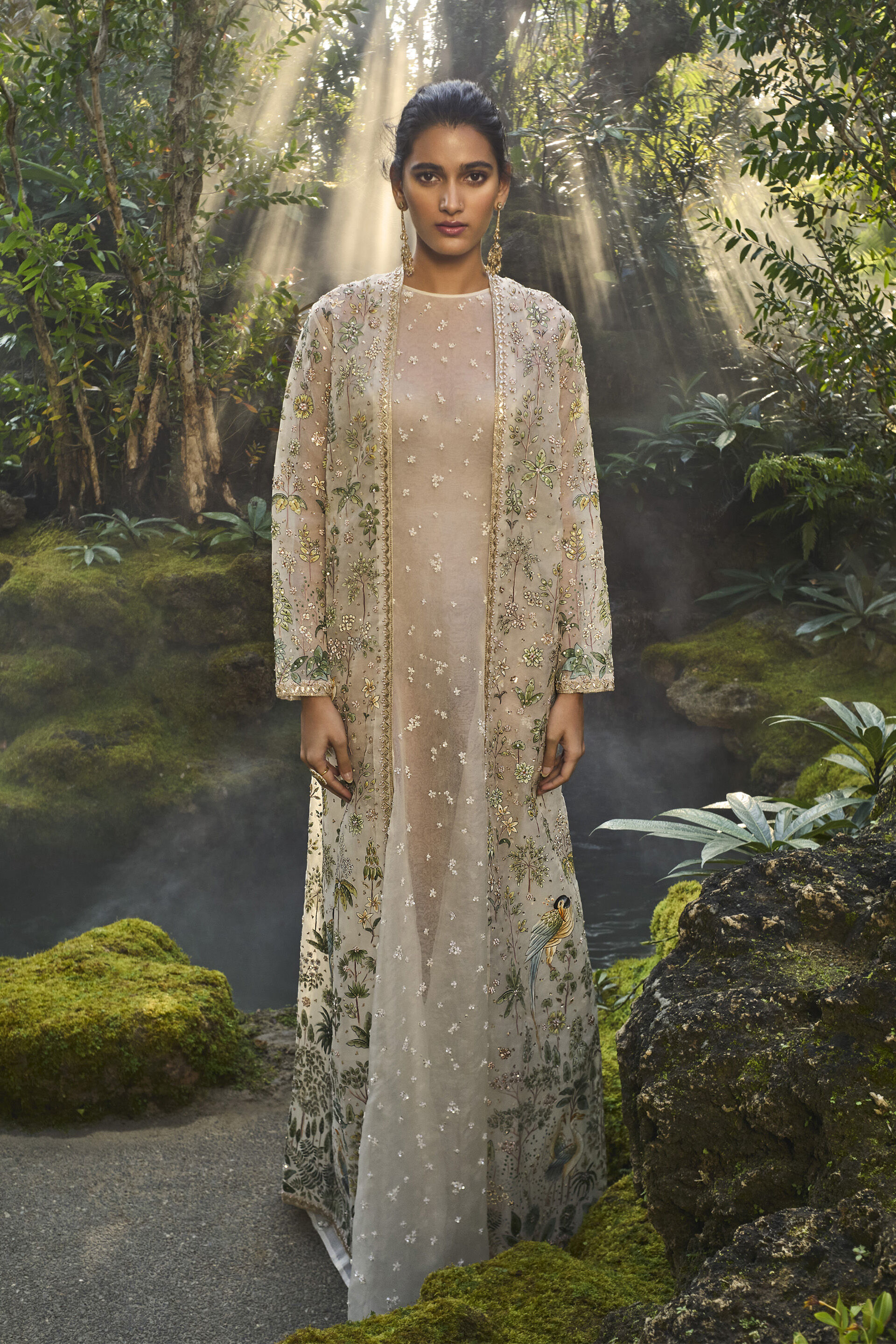 Shajar Hand-painted Pichhwai Silk Jacket Set - Ivory