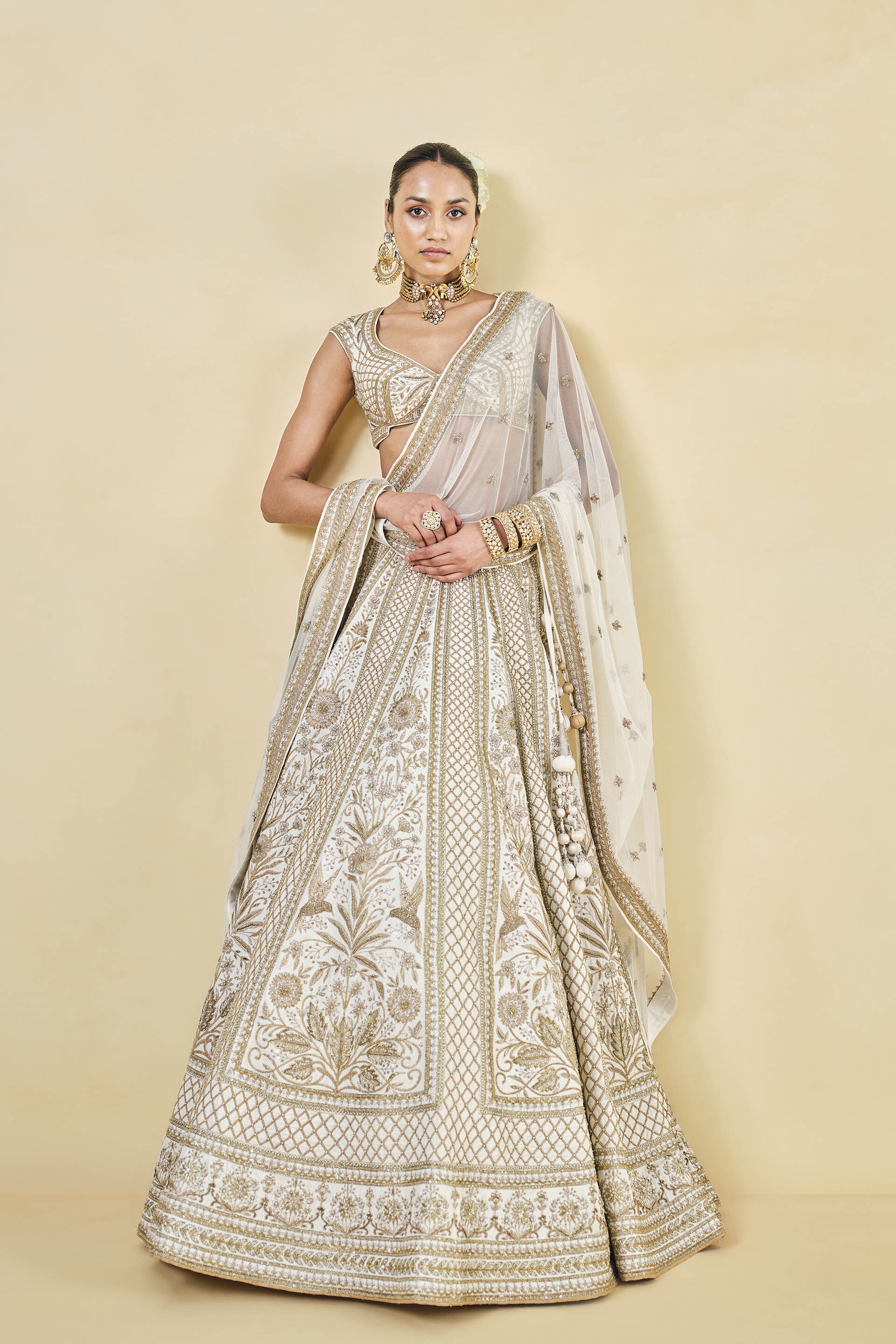 Mahroo Zardozi Embroidered Silk Lehenga Set - White, Ivory, image 3