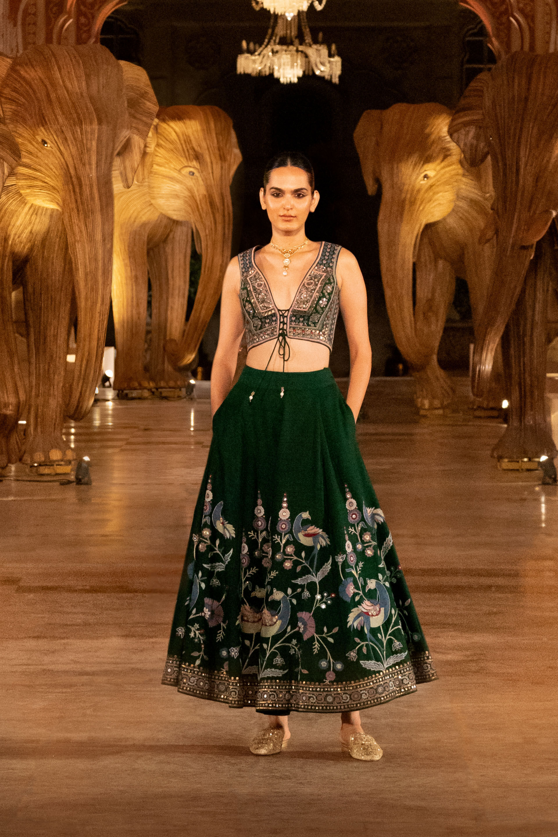 Evergreen Paradise Embroidered Zardozi Silk Skirt Set - Green, Green, image 7