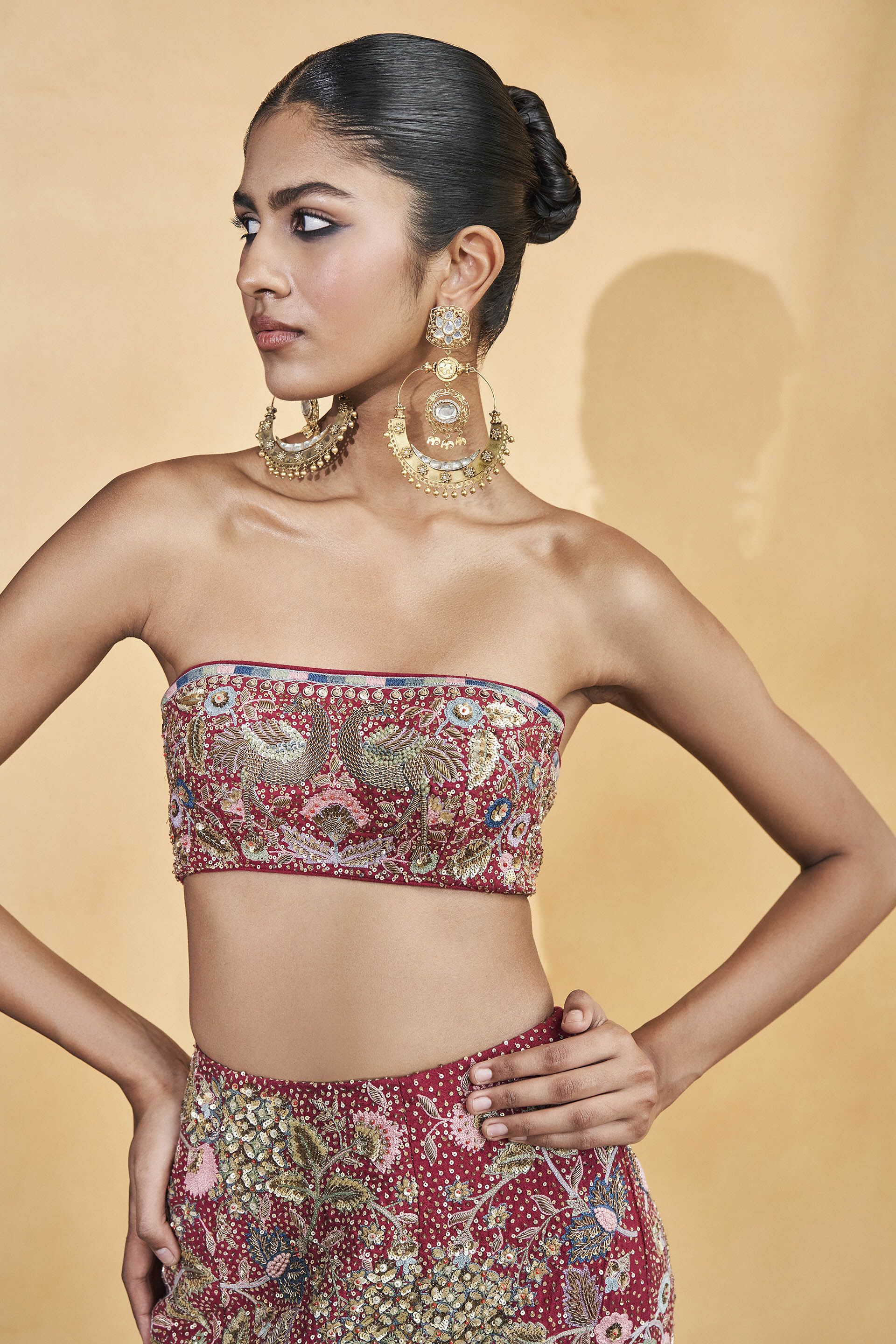 Symphony Of The Wilderness Embroidered Zardozi Silk Fishtail Skirt Set - Wine, Wine, image 5