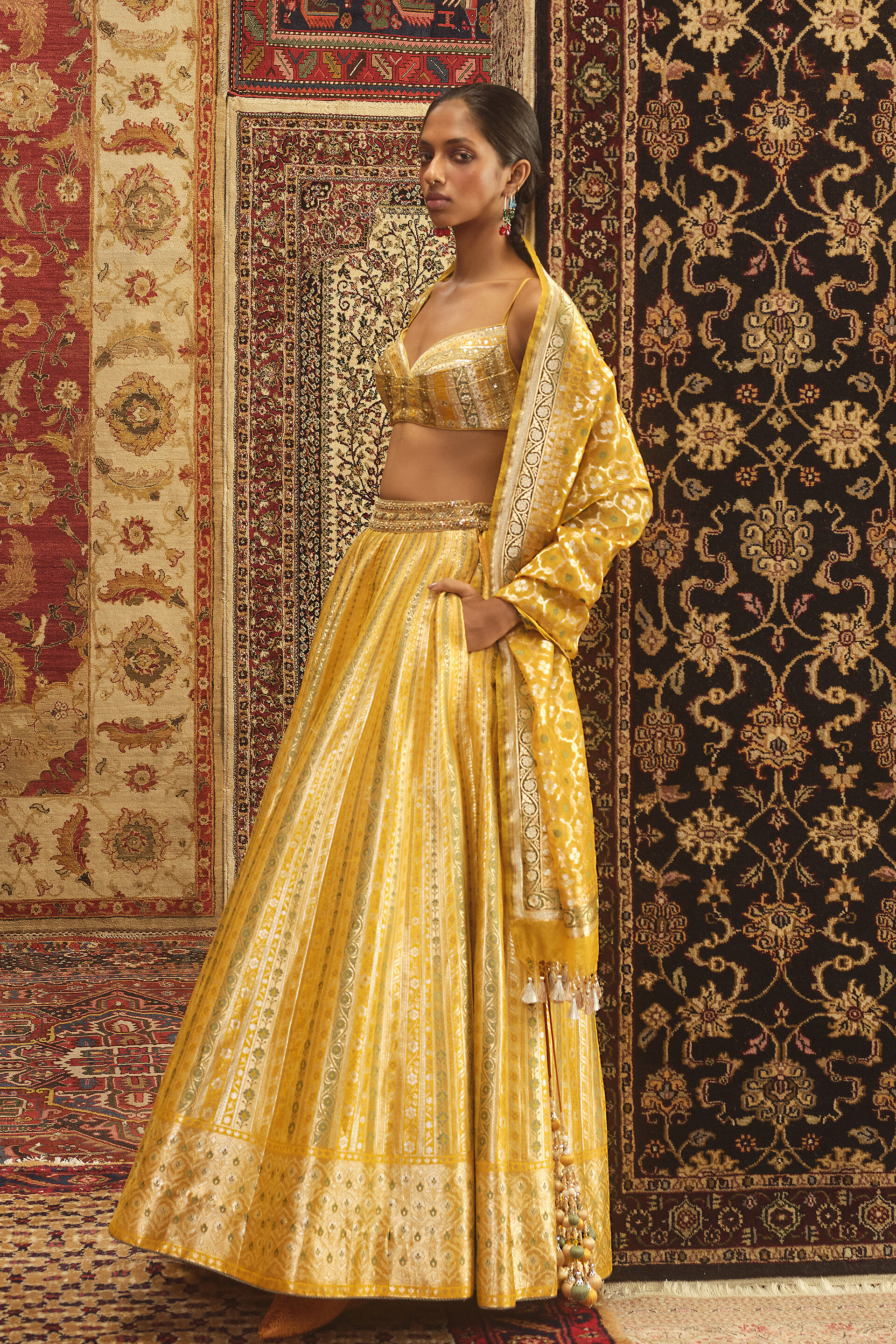 Garvi Handwoven Benarasi Silk Lehenga Set - Yellow, Yellow, image 3