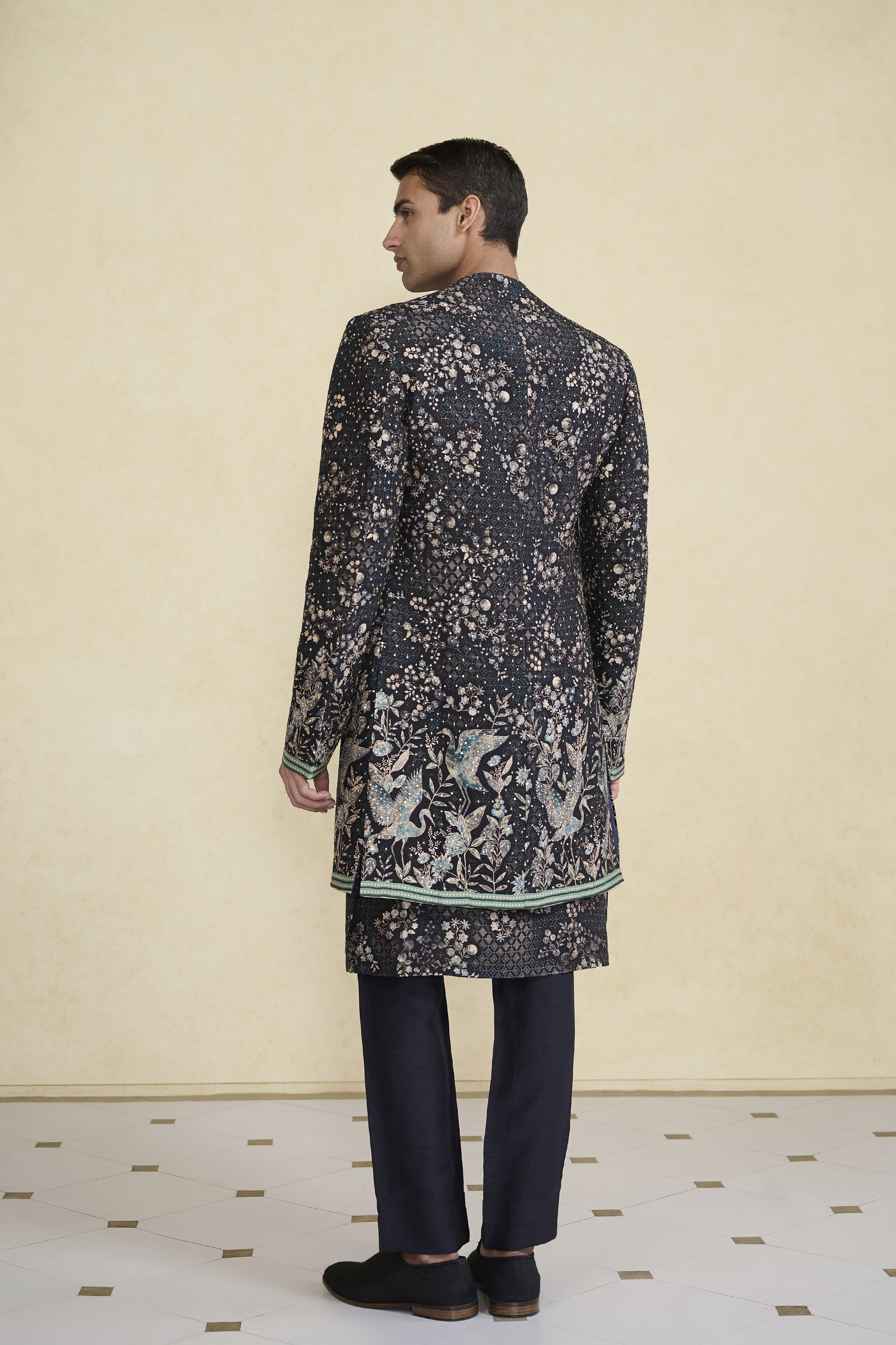 Rukham Printed Silk Sherwani - Black, Black, image 6