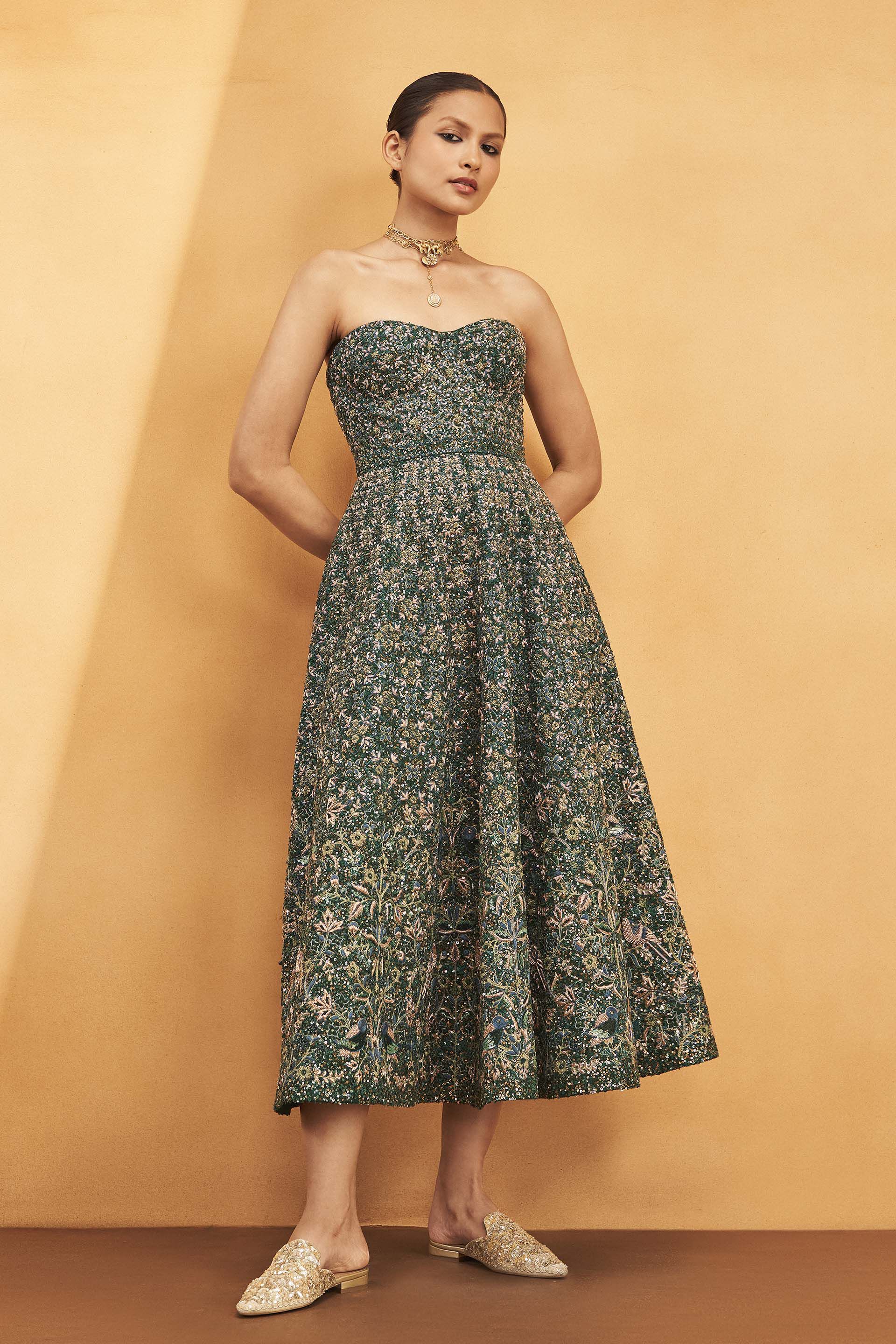 Deep Into The Forest Zardozi Embroidered Silk Dress - Green, Green, image 1