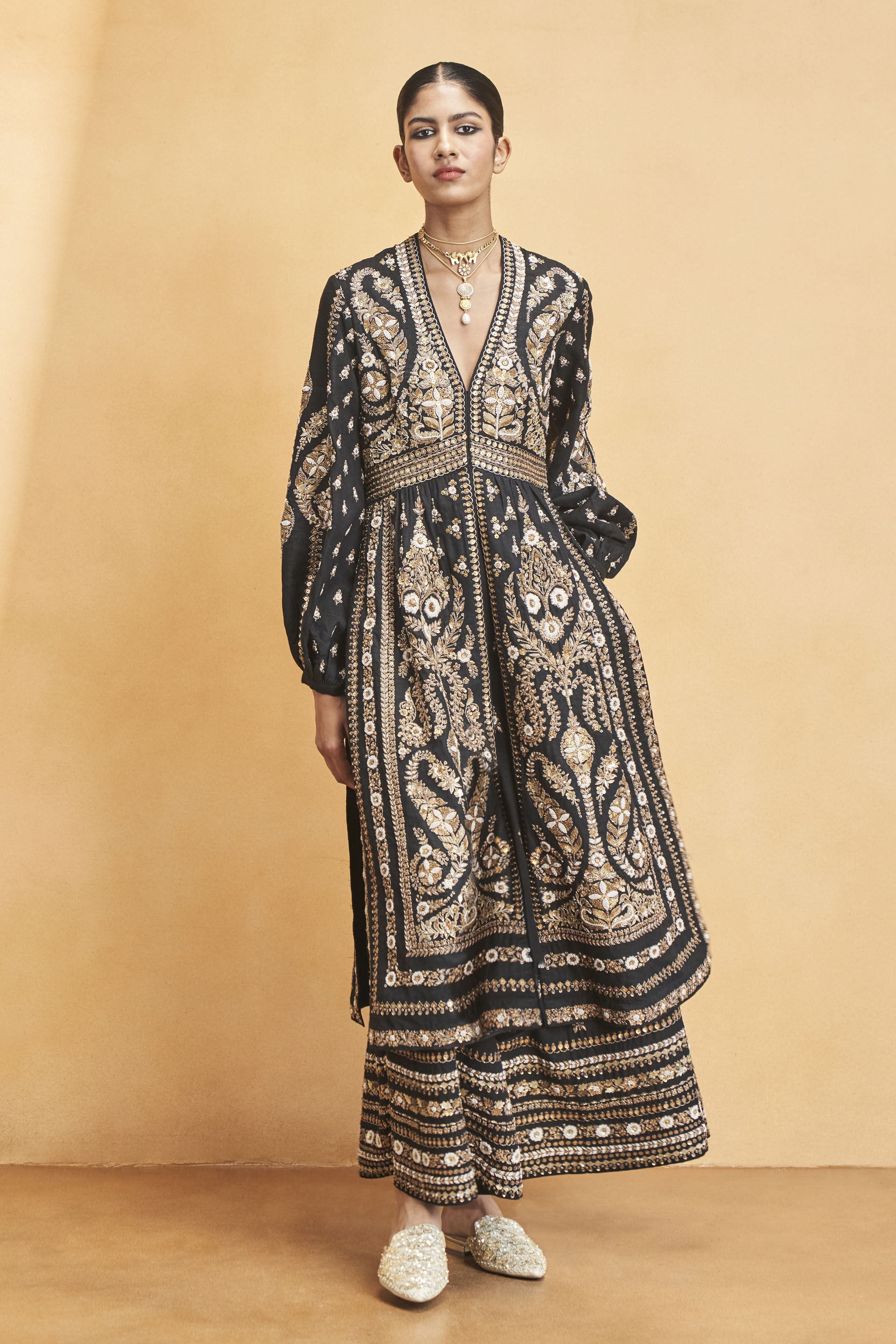 Into The Wilderness Embroidered Zardozi Silk Kurta Set - Black