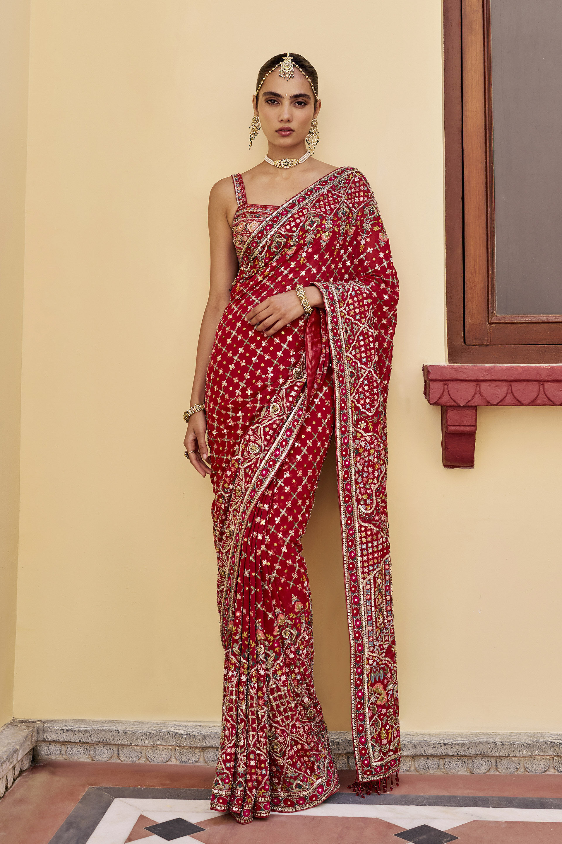 Heritage Embroidered Zardozi Silk Saree - ​Red, Red, image 1