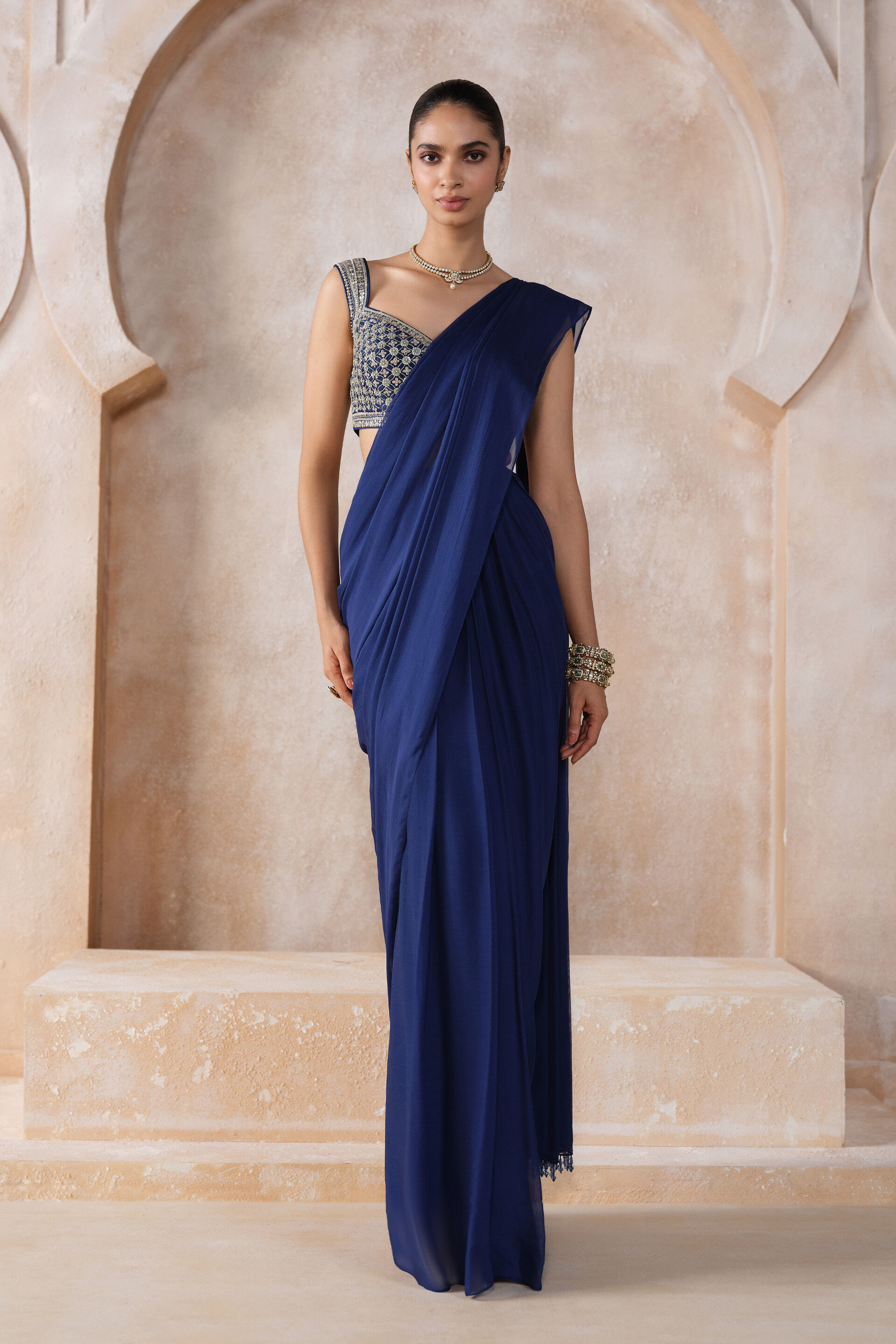 Yuthika Embroidered Cord Pre-draped Saree - Blue, Blue, image 1