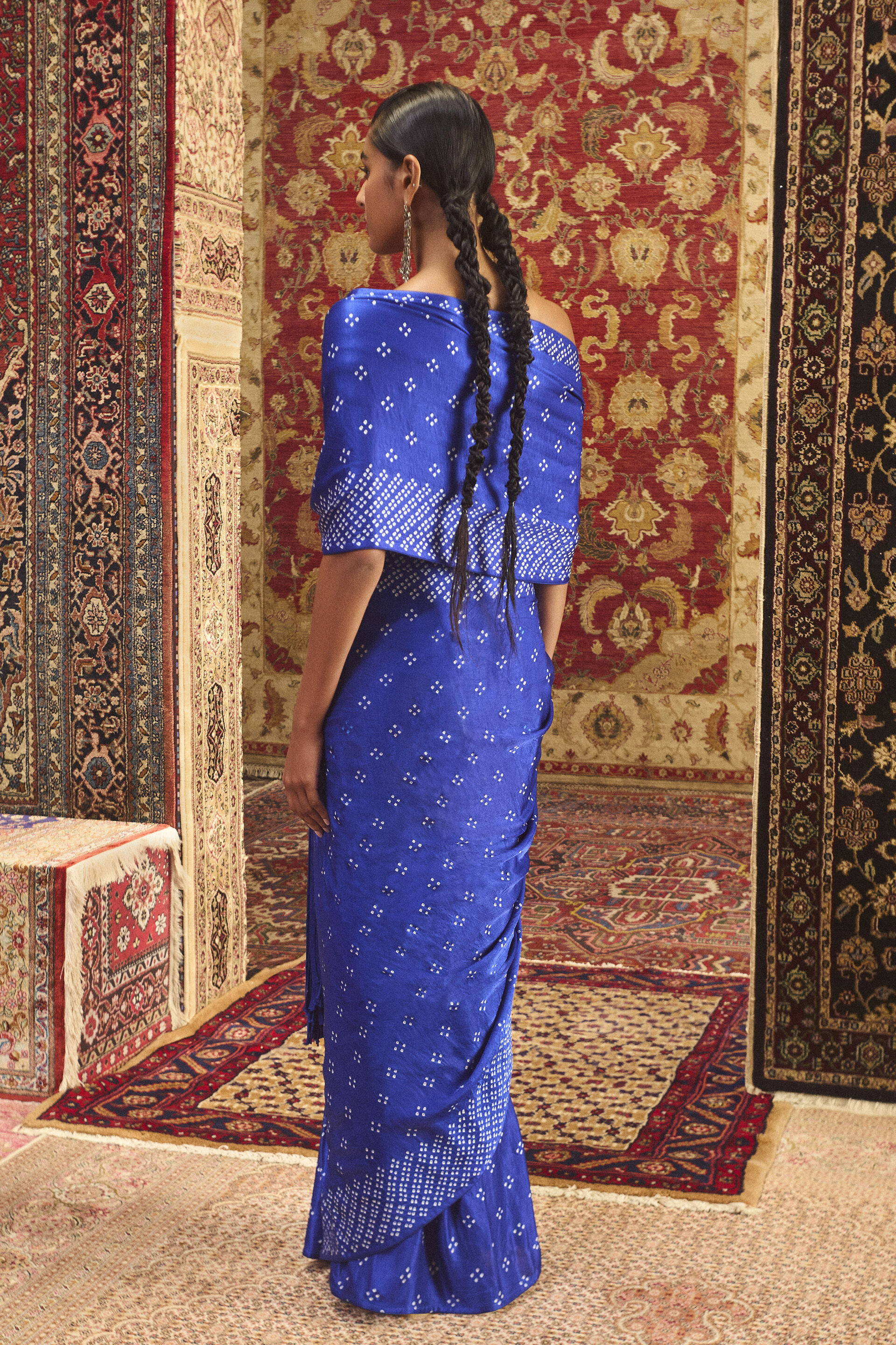 Tarangita Handcrafted Bandhani Fringe Silk Pre-draped Saree - Blue