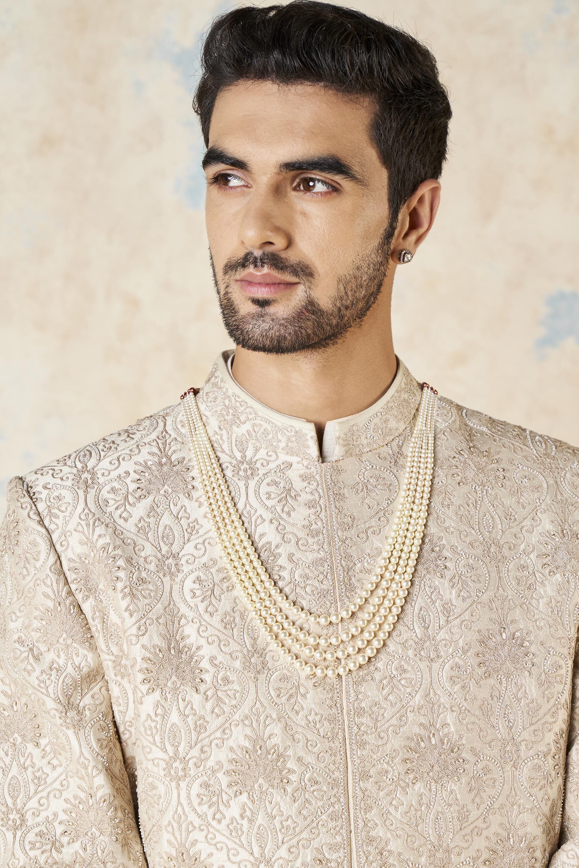 Ikshaan Embroidered Cord Silk Sherwani - Ivory, Ivory, image 5