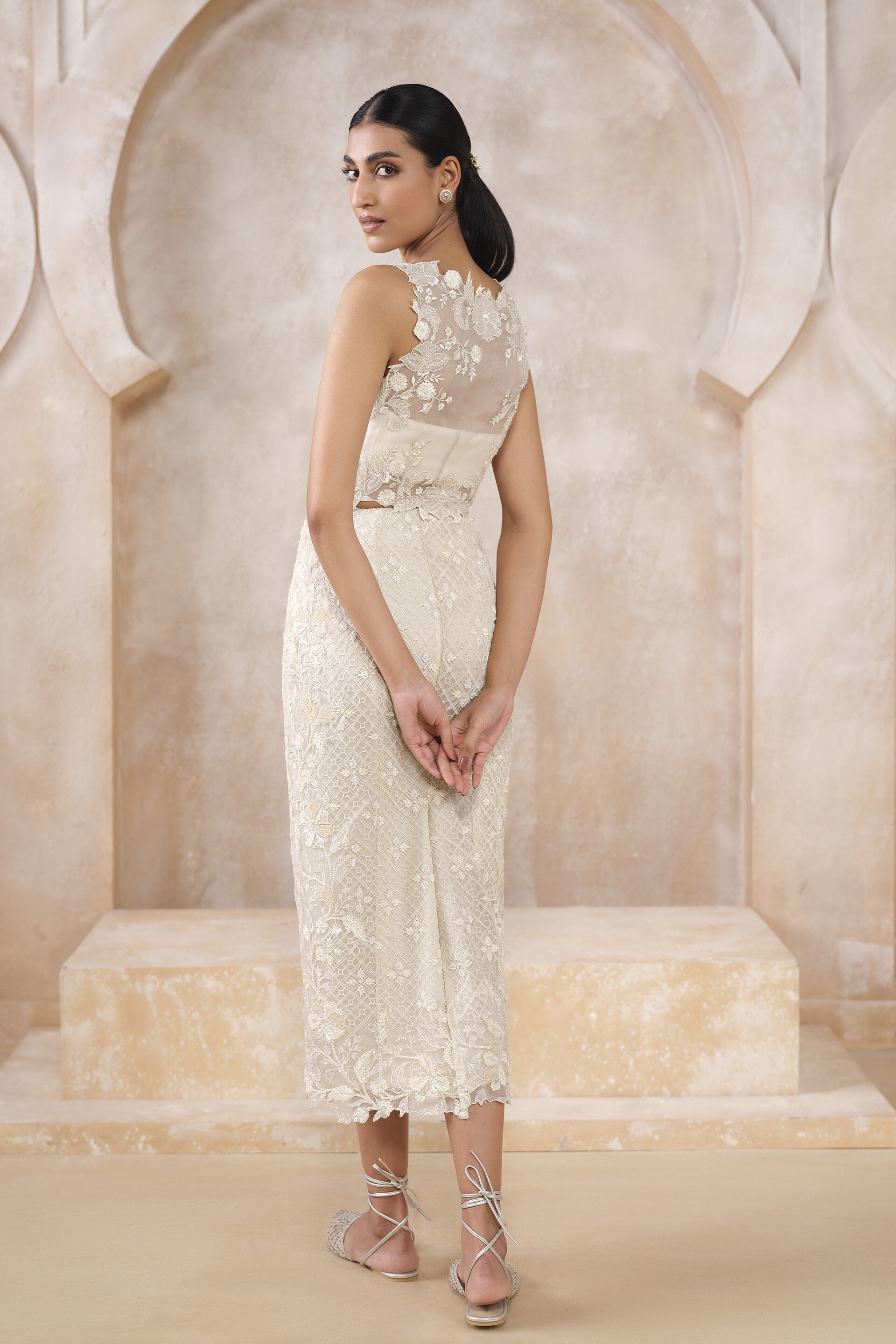 Zimal Embroidered Silk Skirt Set - Ivory