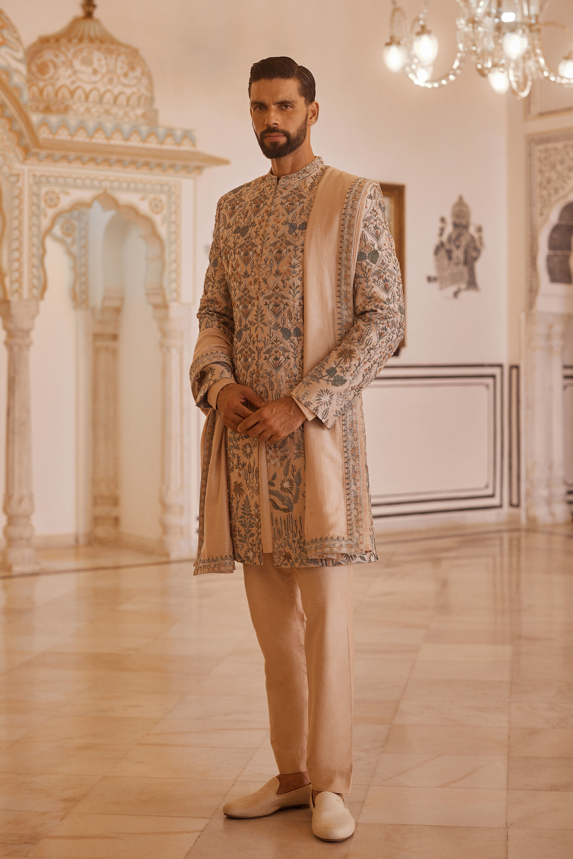 Almir Aari Embroidered Silk Sherwani - Champagne
