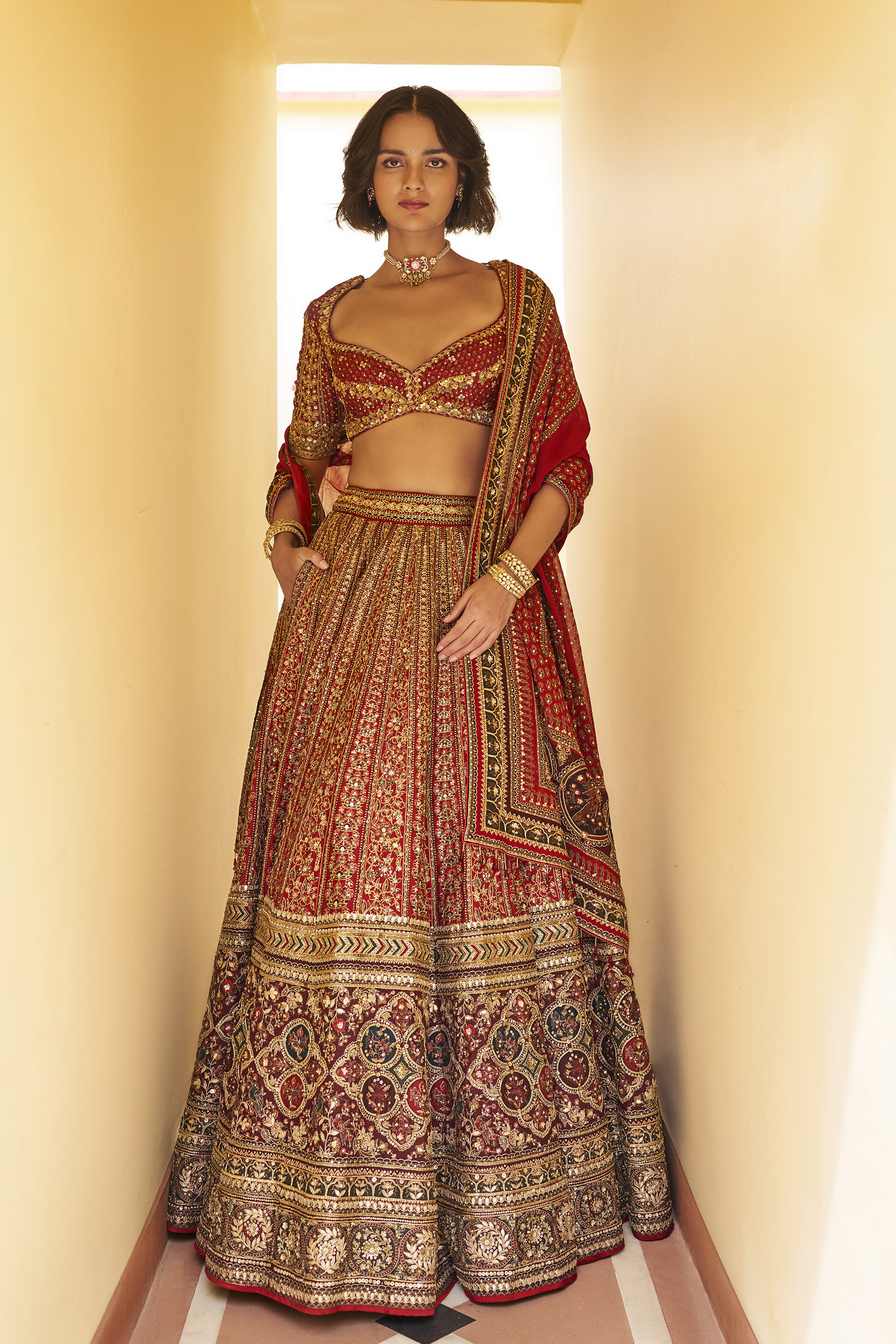 Tenderness Gota Patti Bemberg Lehenga Set - Red, Red, image 1