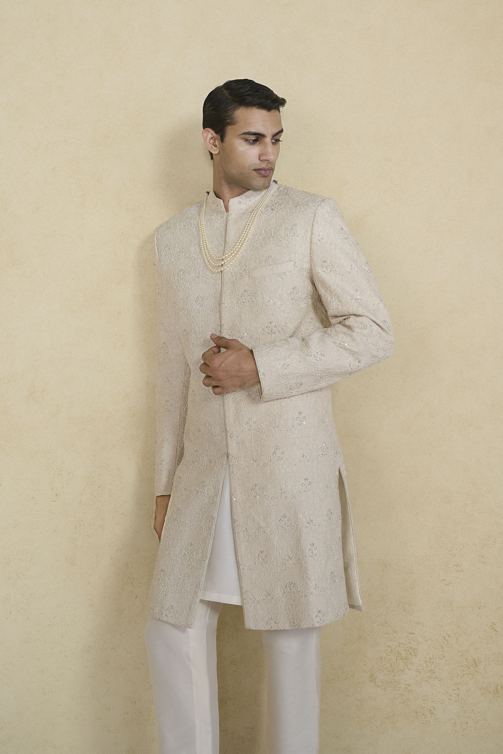 Lokit Hand-embroidered Silk Sherwani - Ivory, Ivory, image 4