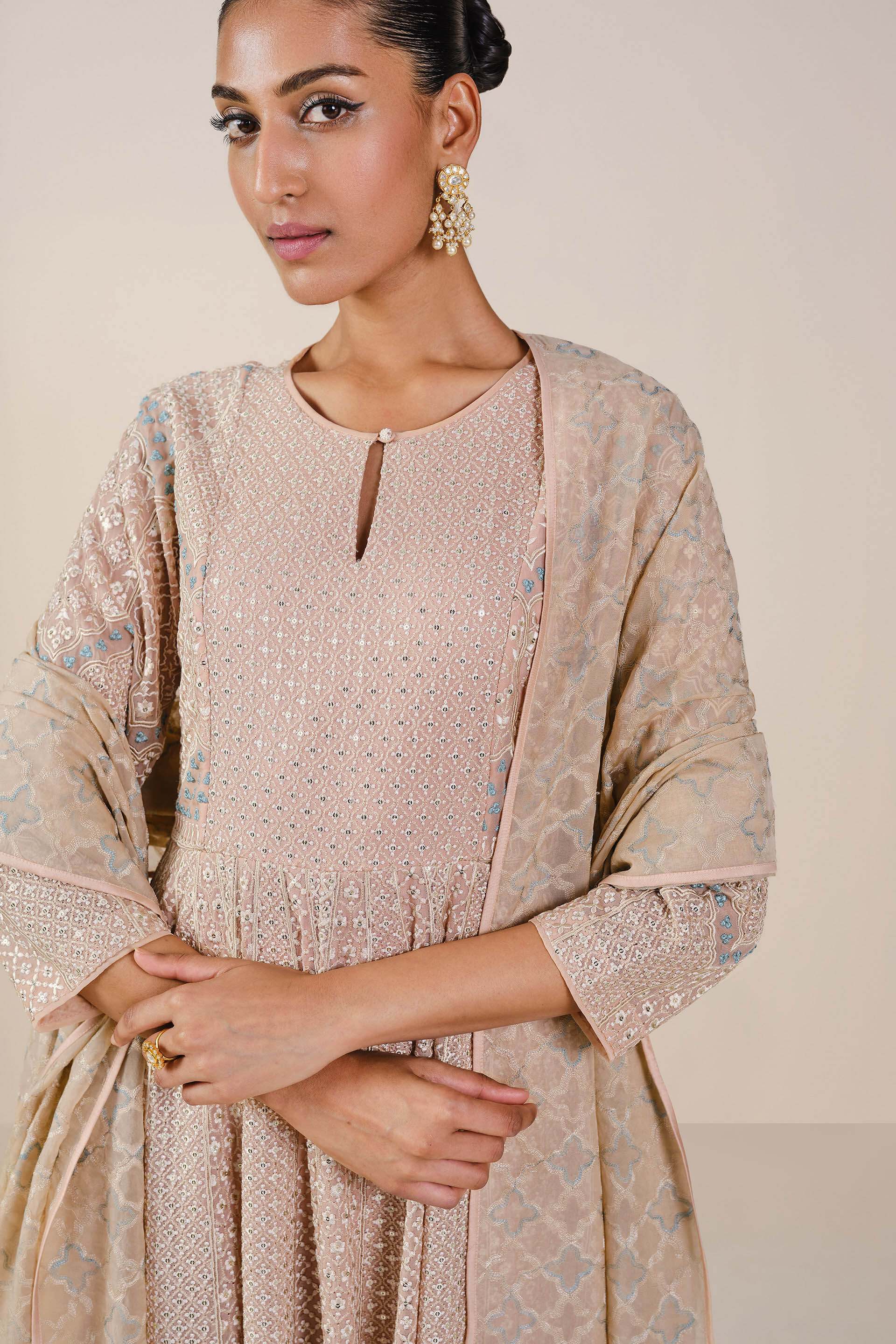 Ryka Embroidered Organza Suit Set Beige