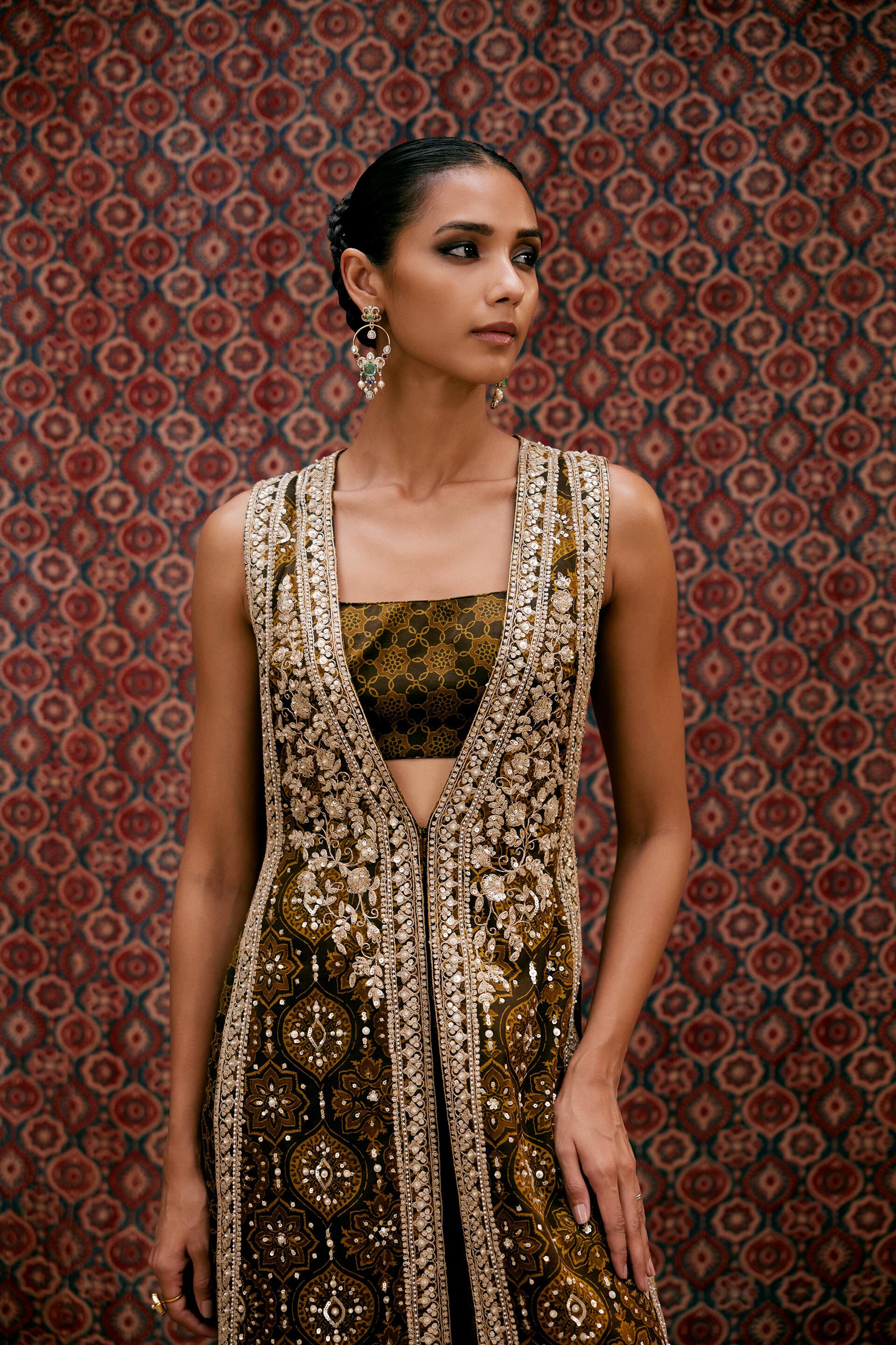 Souheir Ajrakh Hand-block Printed Silk Tabard Set - Olive