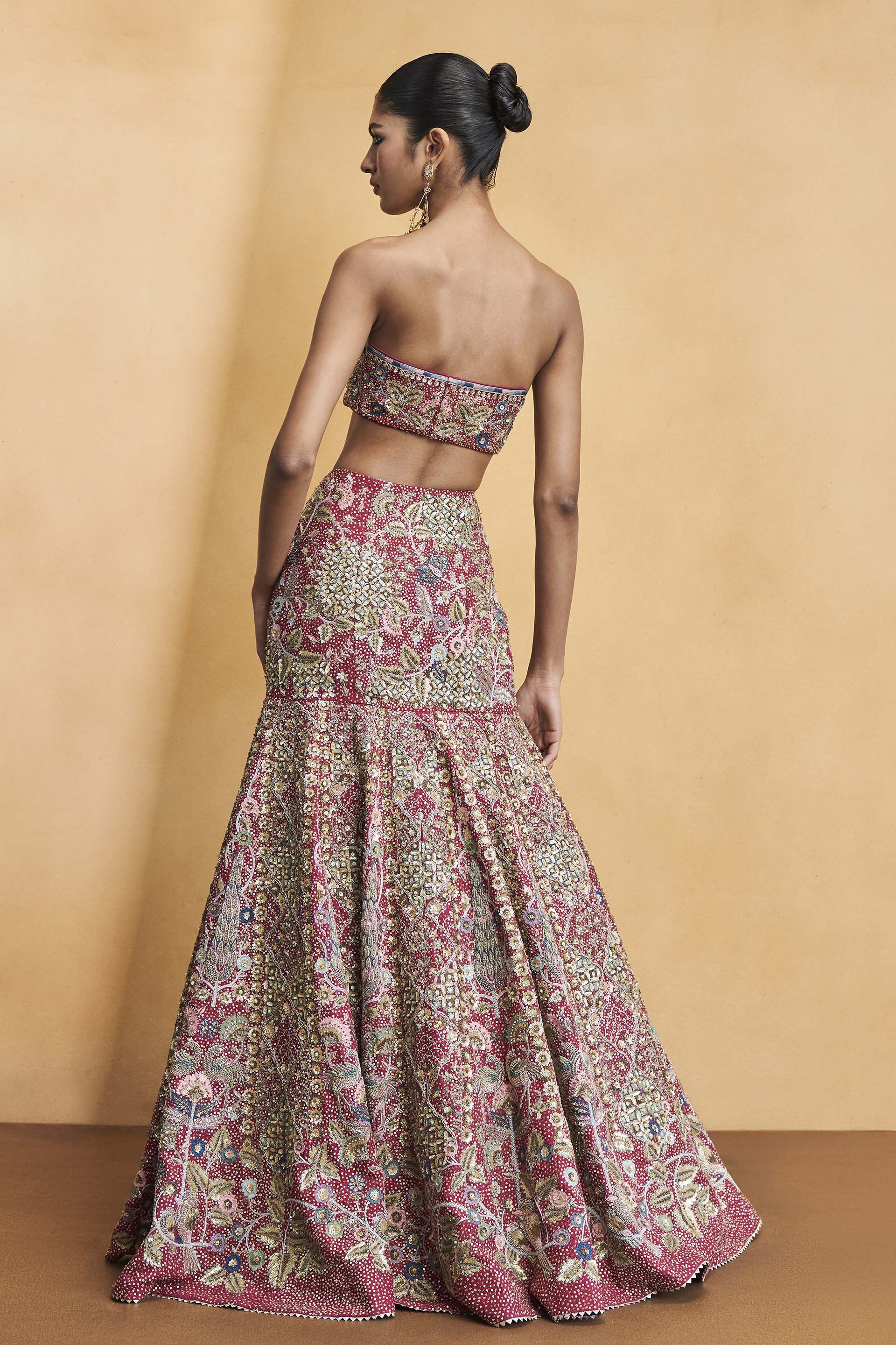 Symphony Of The Wilderness Embroidered Zardozi Silk Fishtail Skirt Set - Wine, Wine, image 3