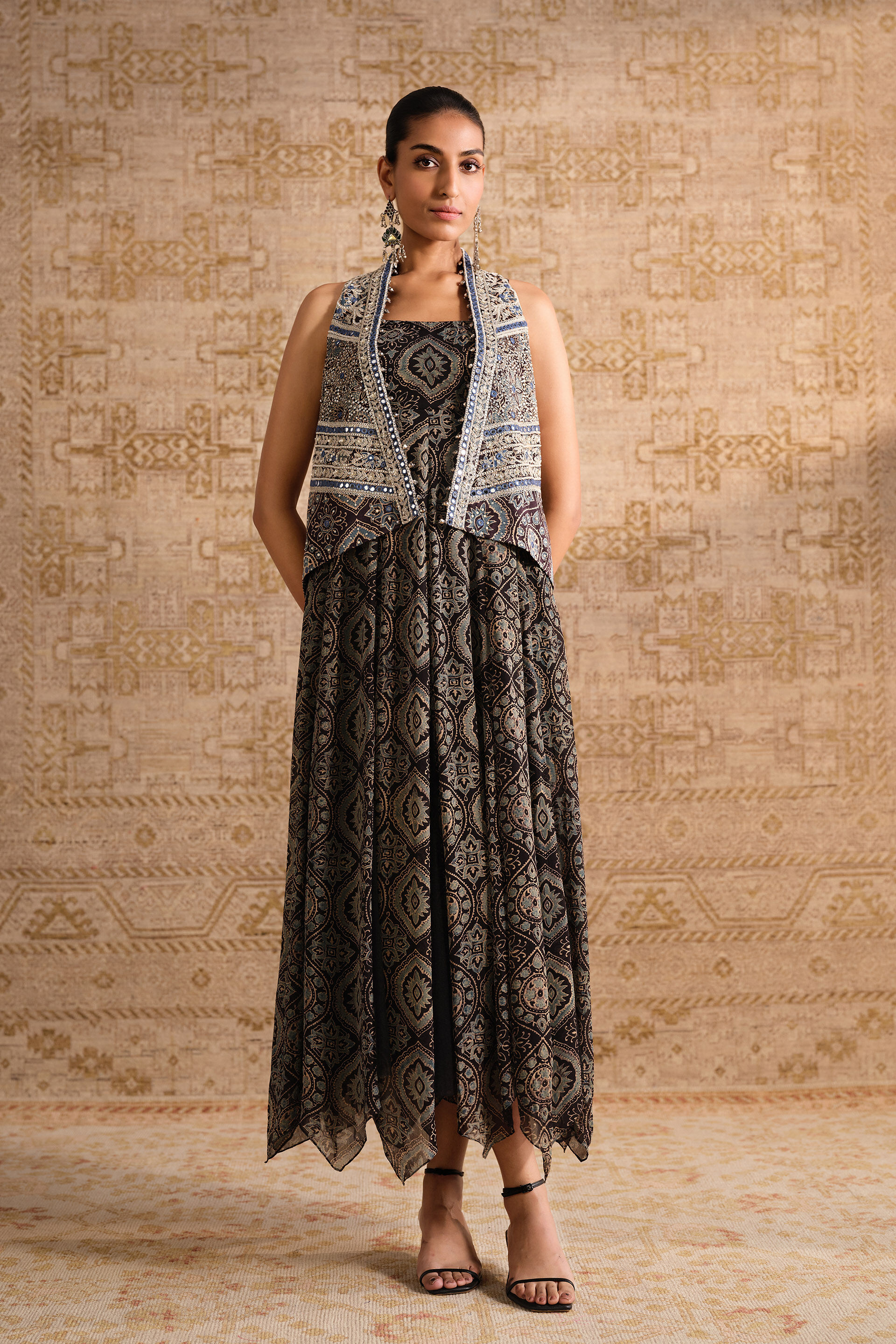 Prishni Ajrakh Hand-block Printed Jacket Set - Black