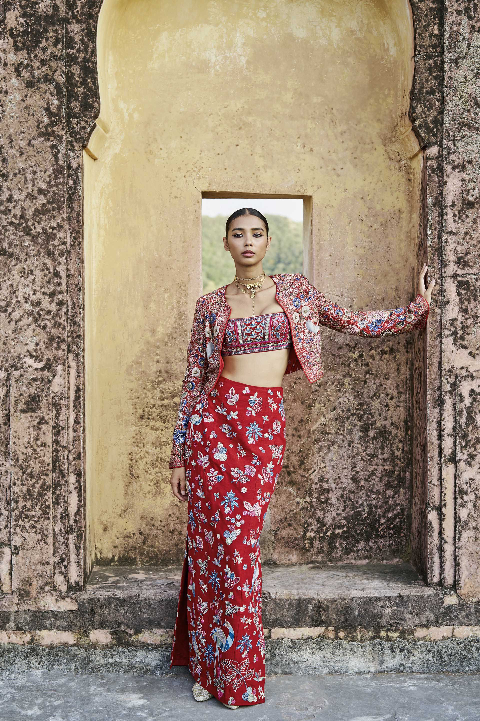 Red embroidered skirt set hot sale
