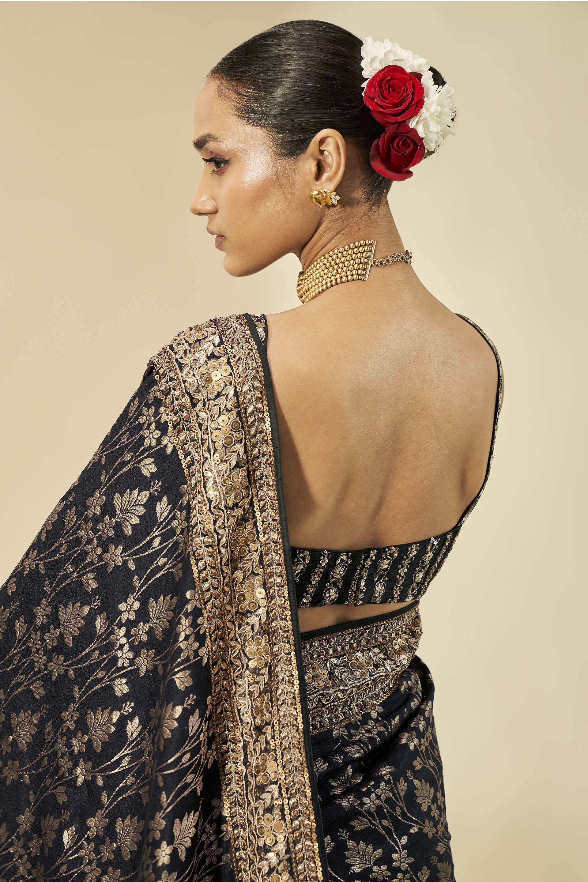 Gleaming Forest Benarasi Silk Embroidered Saree, Black, image 5