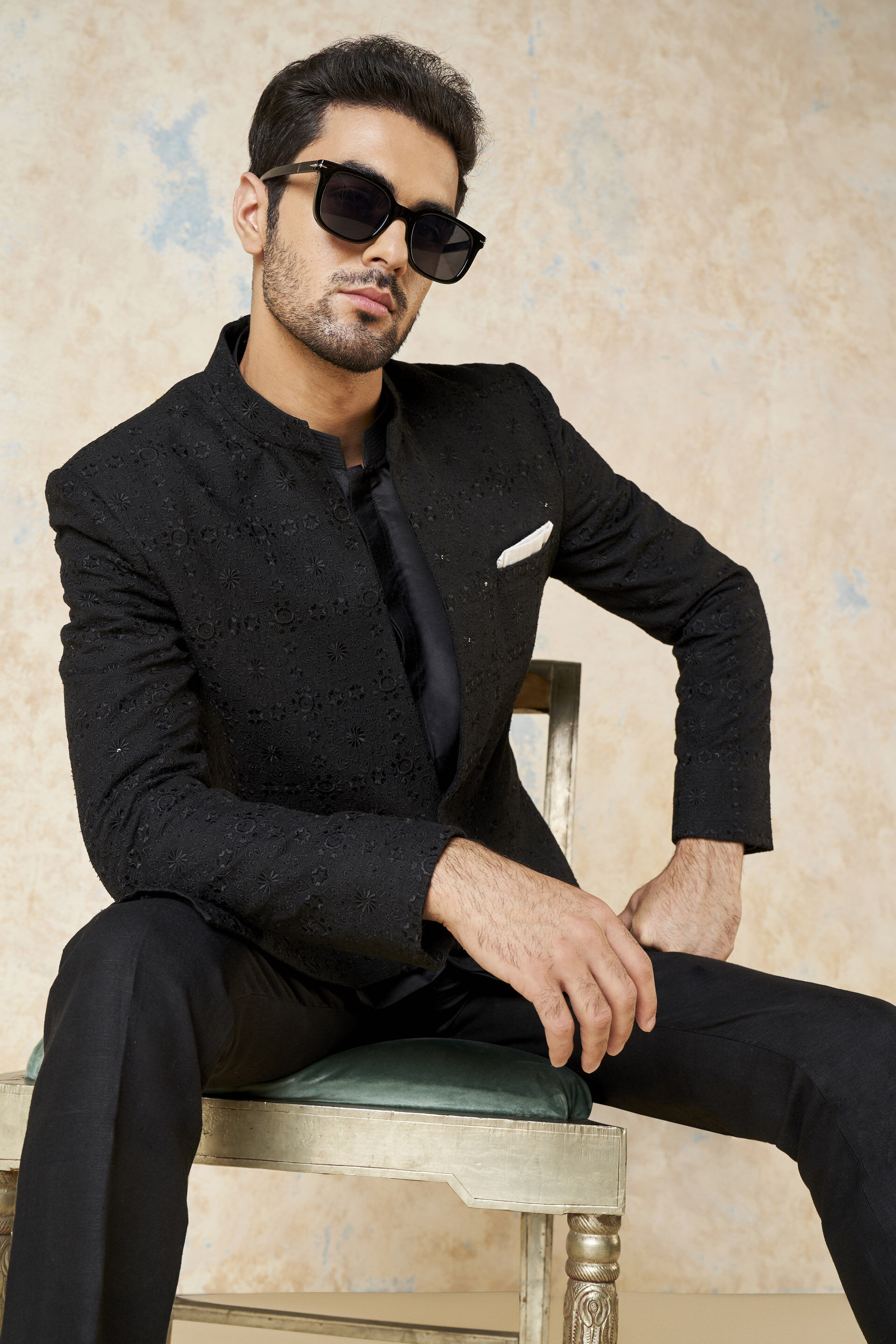 Yuven Silk Sherwani - Black, Black, image 7