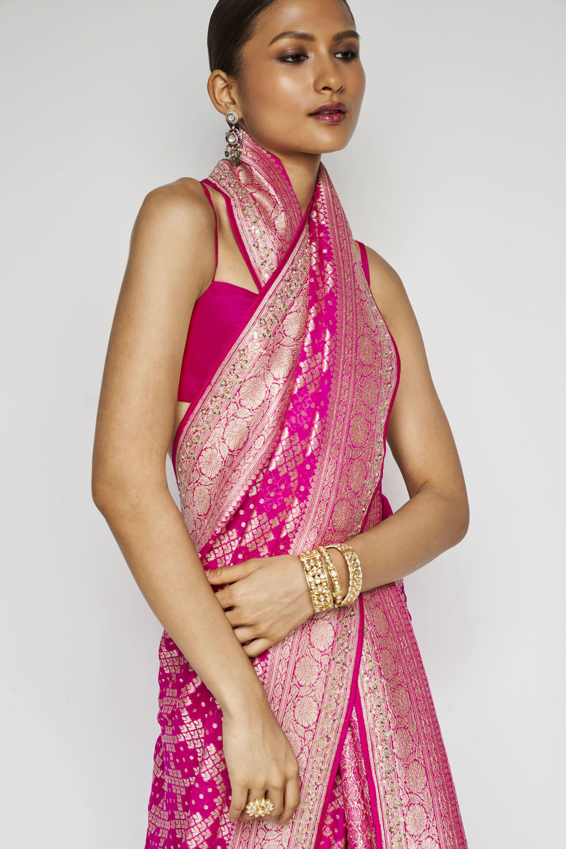 Gul Handwoven Benarasi Gota Patti Silk Saree, Pink, image 6