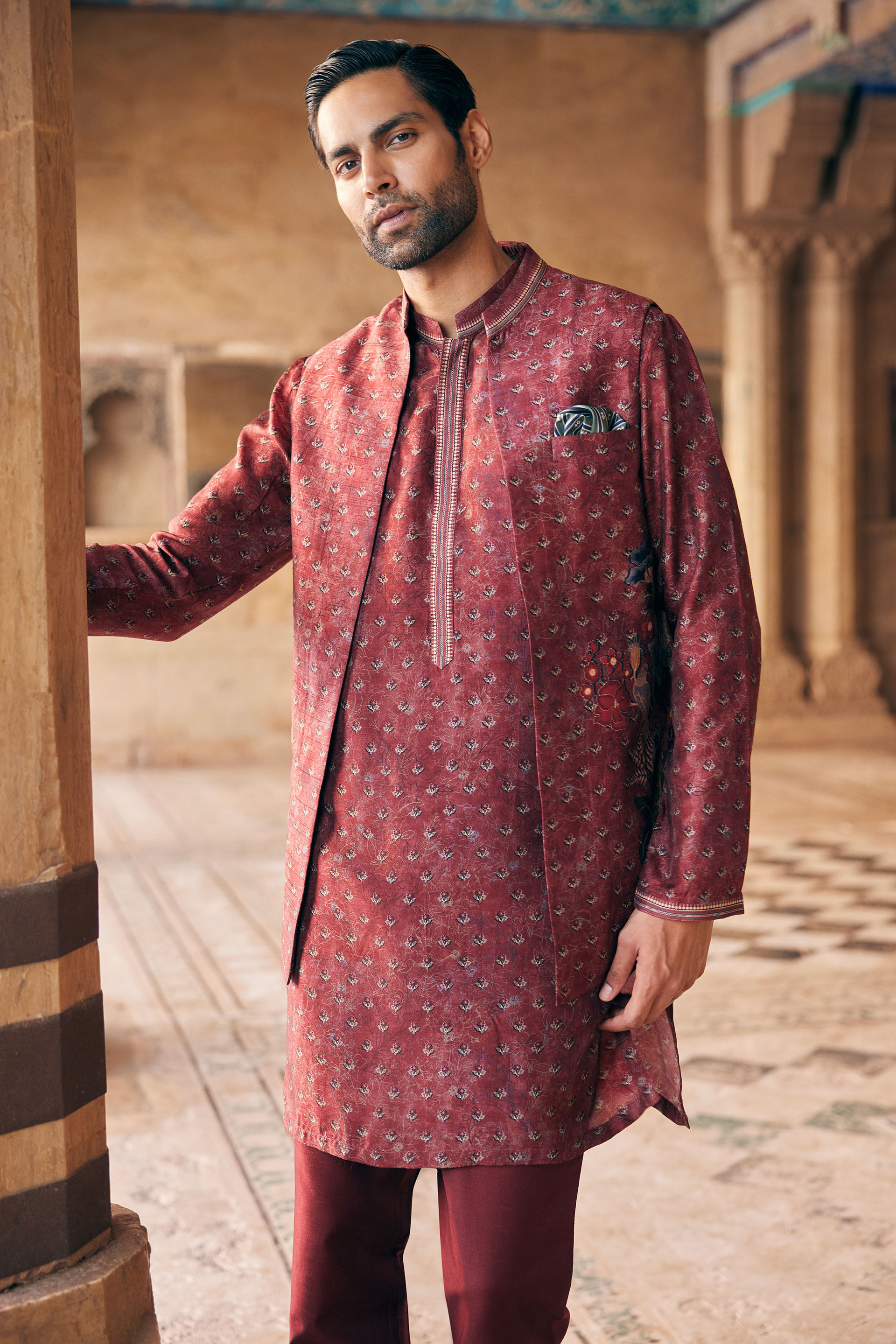 Humair Printed Silk Nehru Jacket - Maroon, Maroon, image 3