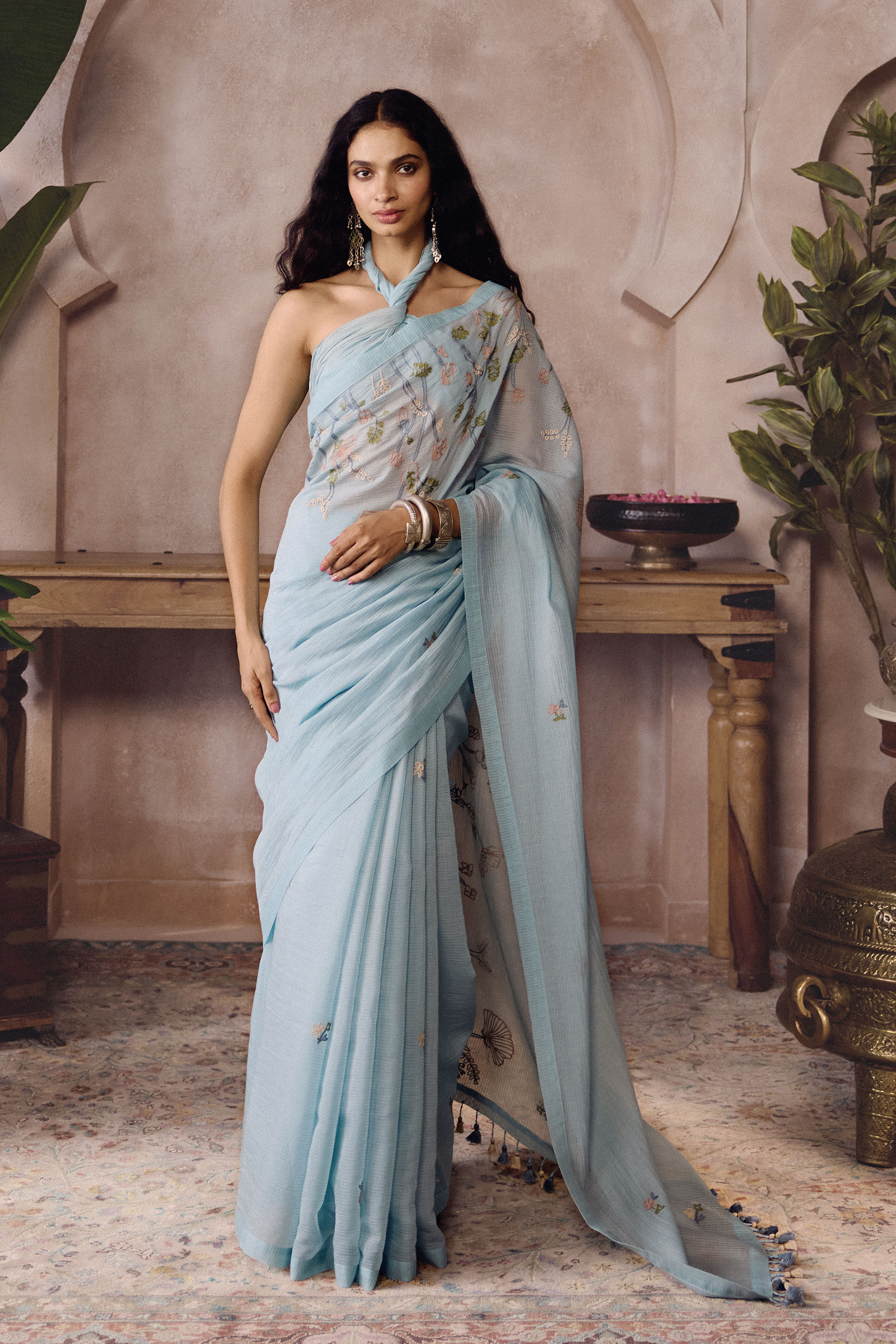 Canouah Hand-embroidered SEWA Saree - Powder Blue