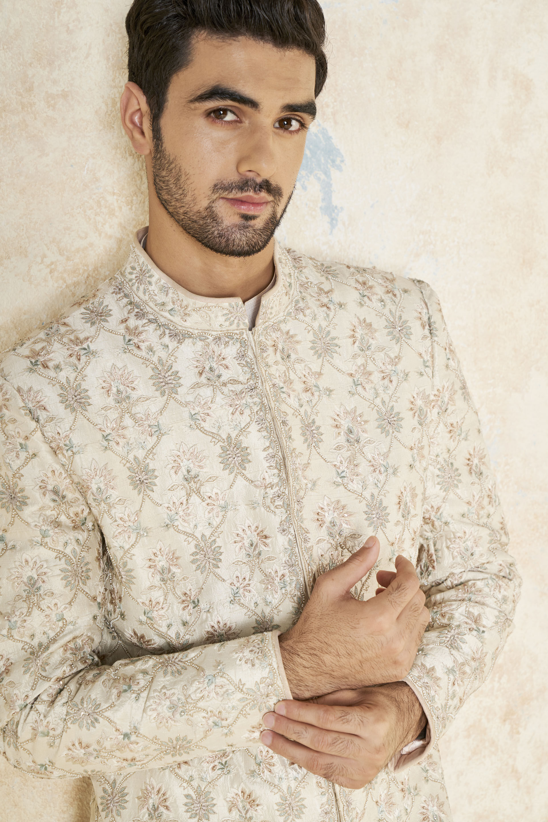 Aasvik Embroidered Silk Sherwani - Ivory, Ivory, image 6