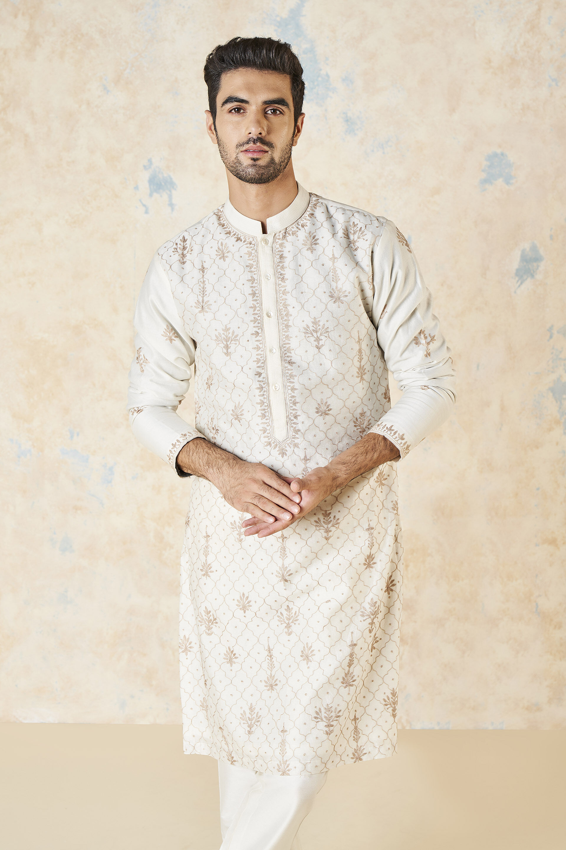 Ainan Embroidered Aari Silk Kurta Ivory