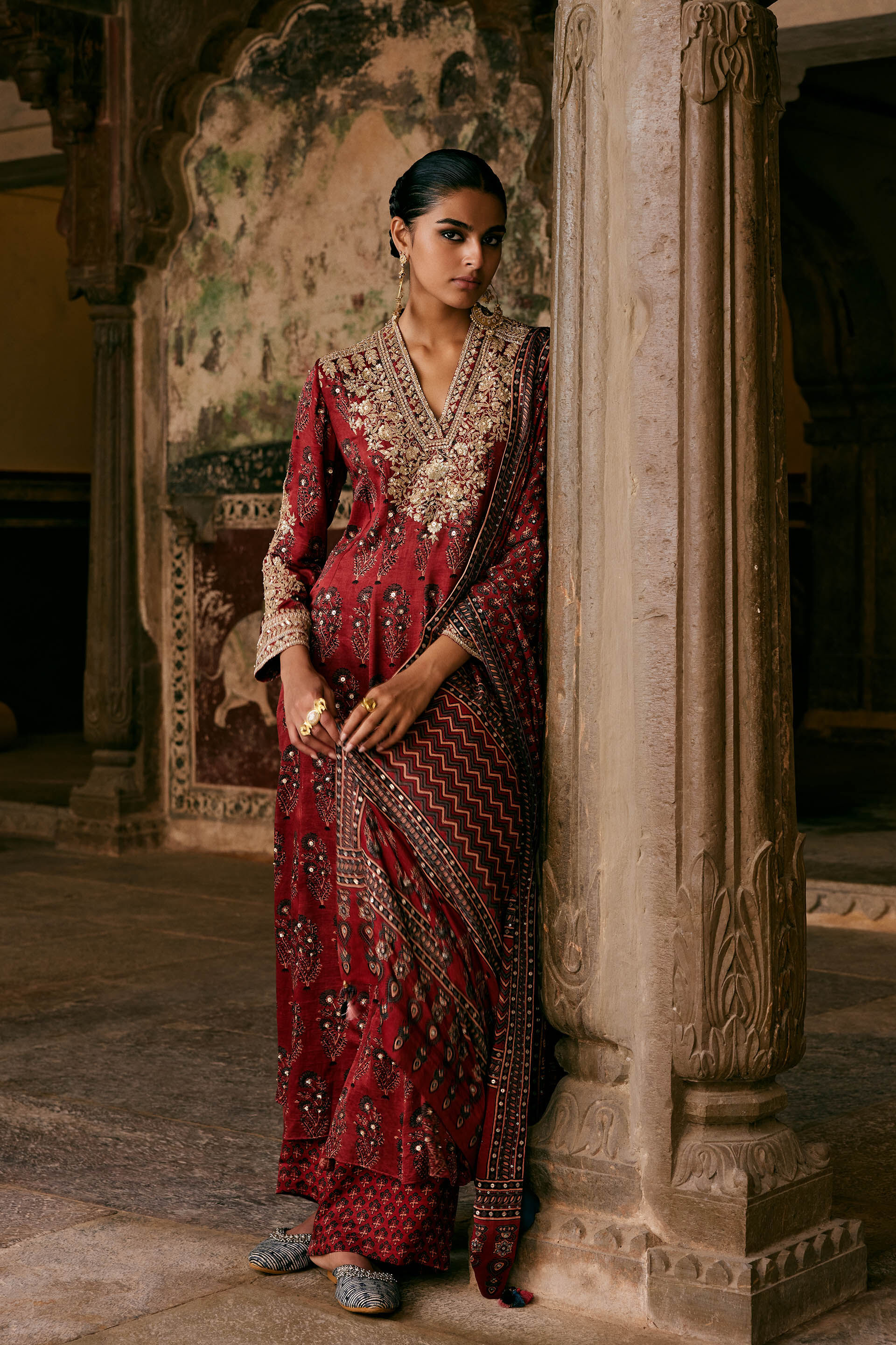 Saaj Ajrakh Hand-block Printed Silk Suit Set - Red, Red, image 2