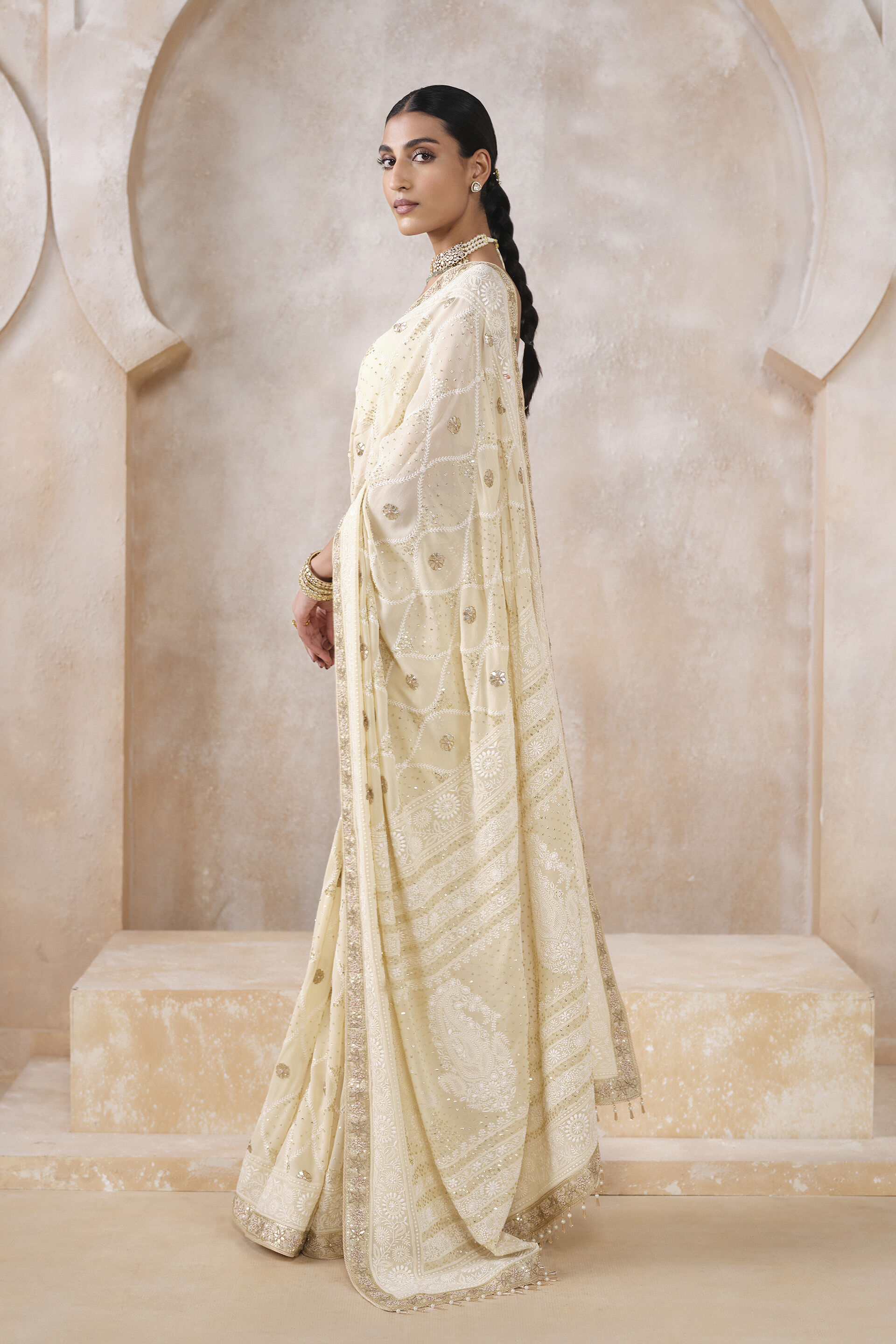 Sharika Hand-embroidered Chikankari Silk Saree - Beige, Beige, image 3