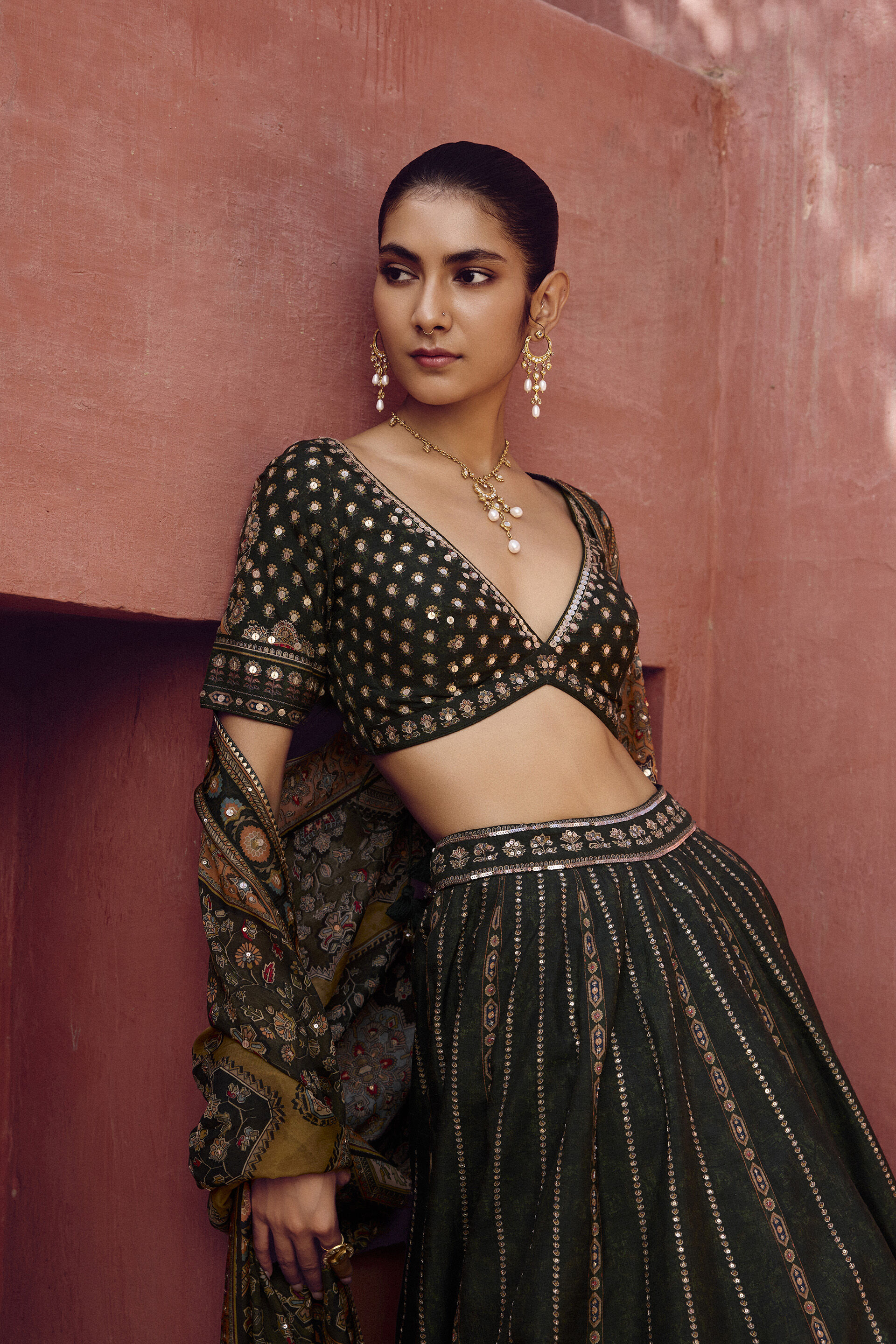 Rishama Silk Lehenga Set - Green, Green, image 4