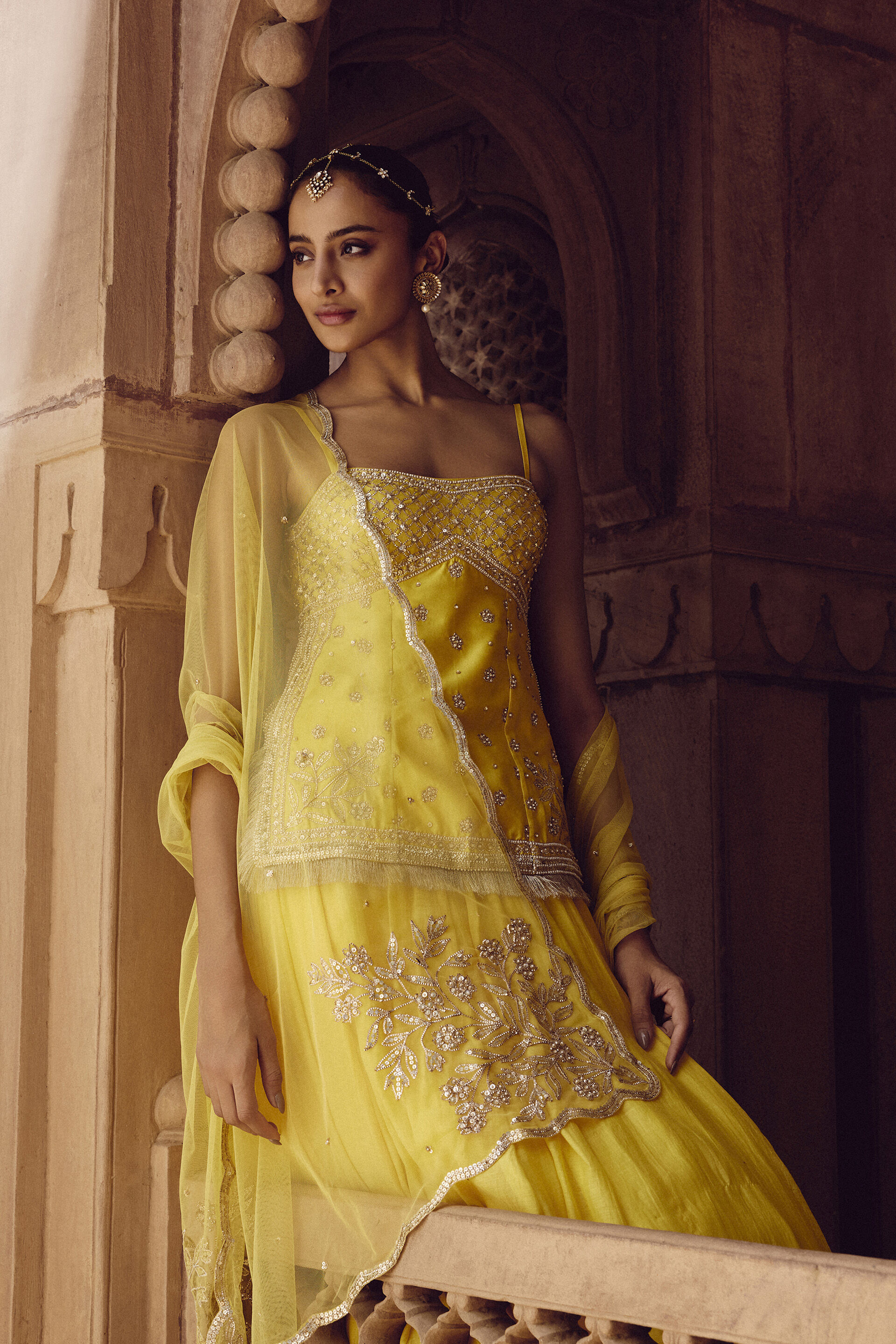 Srika Gota Patti Mul Skirt Set - Yellow, Yellow, image 4