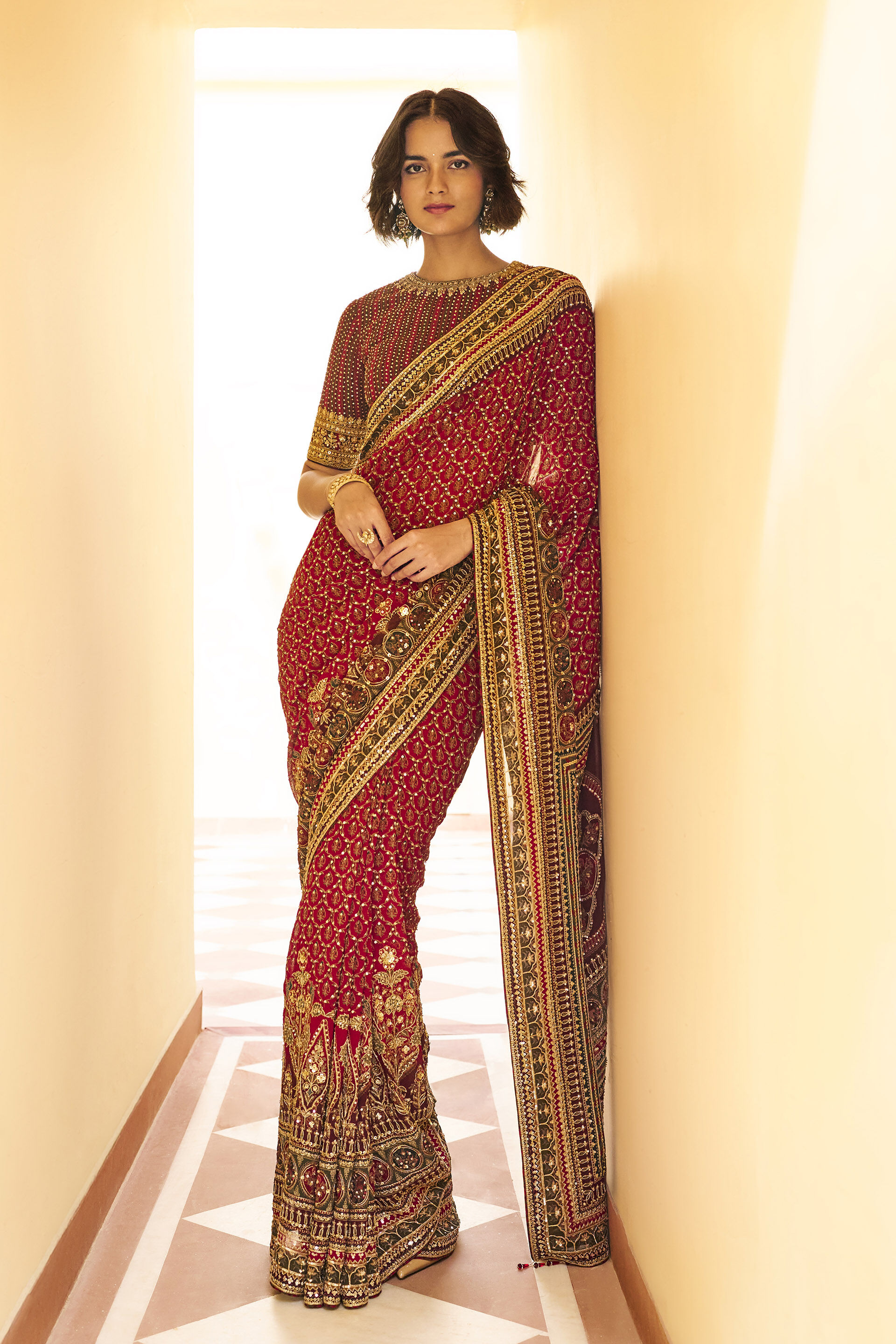 Tenderness Gota Patti Bemberg Saree - Red, Red, image 1