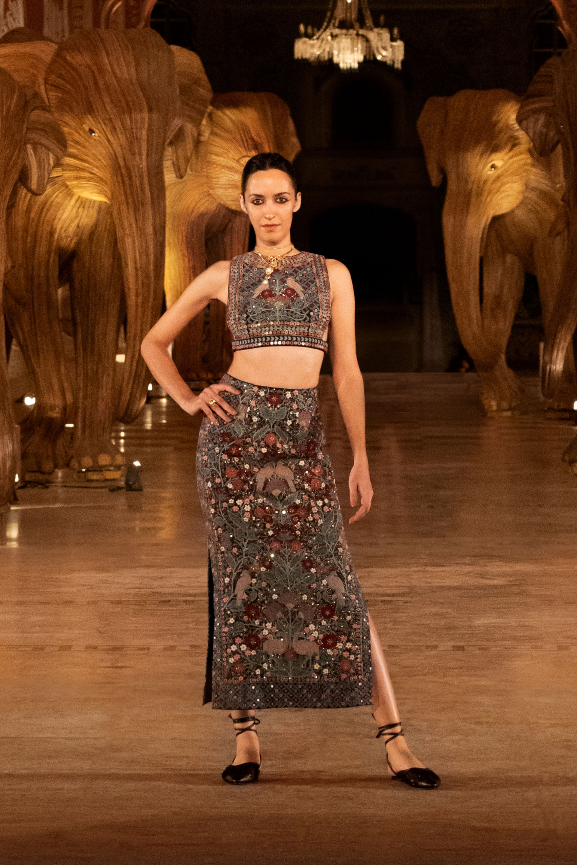 Symphony Of The Wilderness Zardozi & Mirror Embroidered Silk Skirt Set - Blue