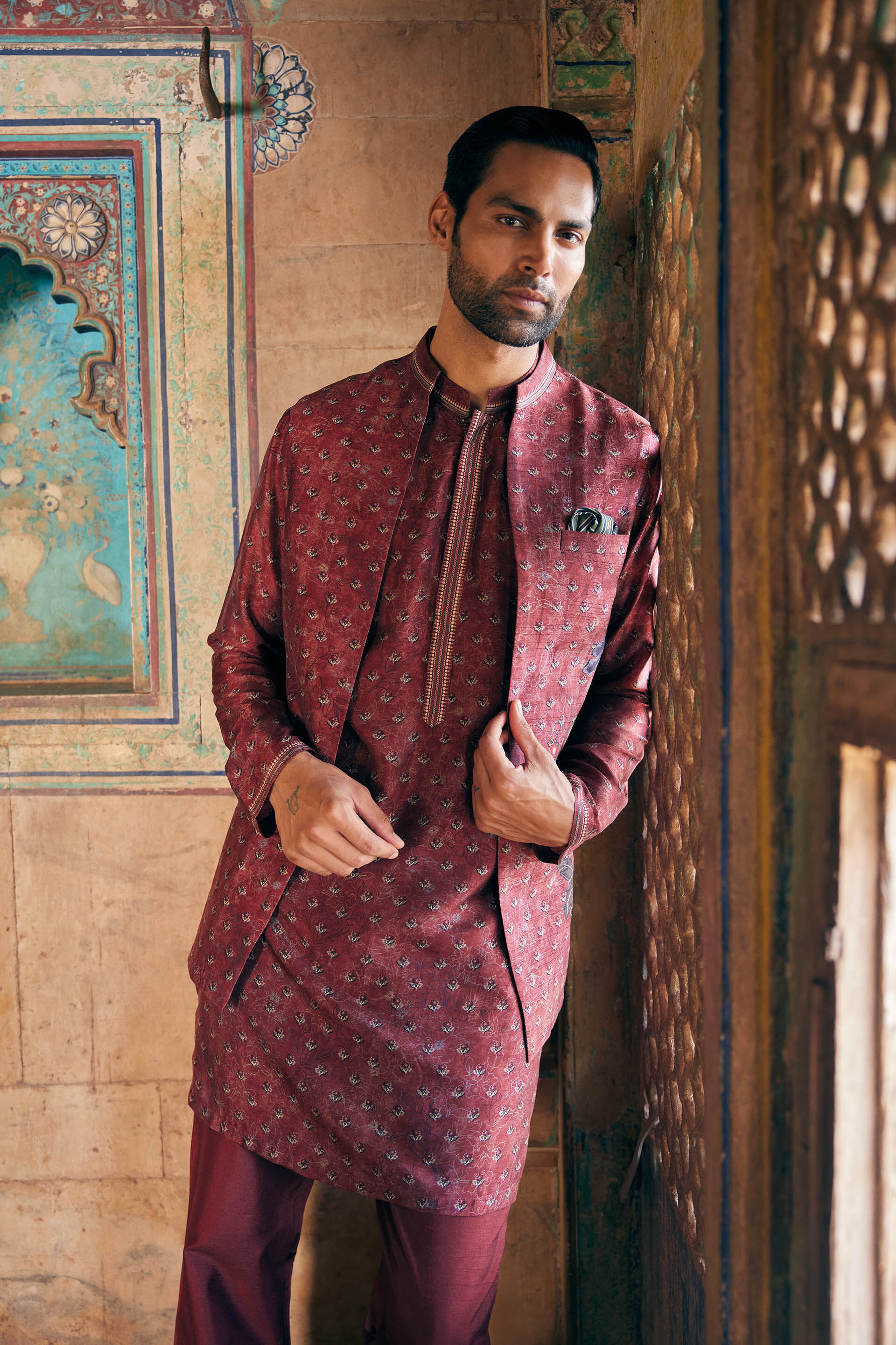 Humair Printed Silk Nehru Jacket - Maroon, Maroon, image 5